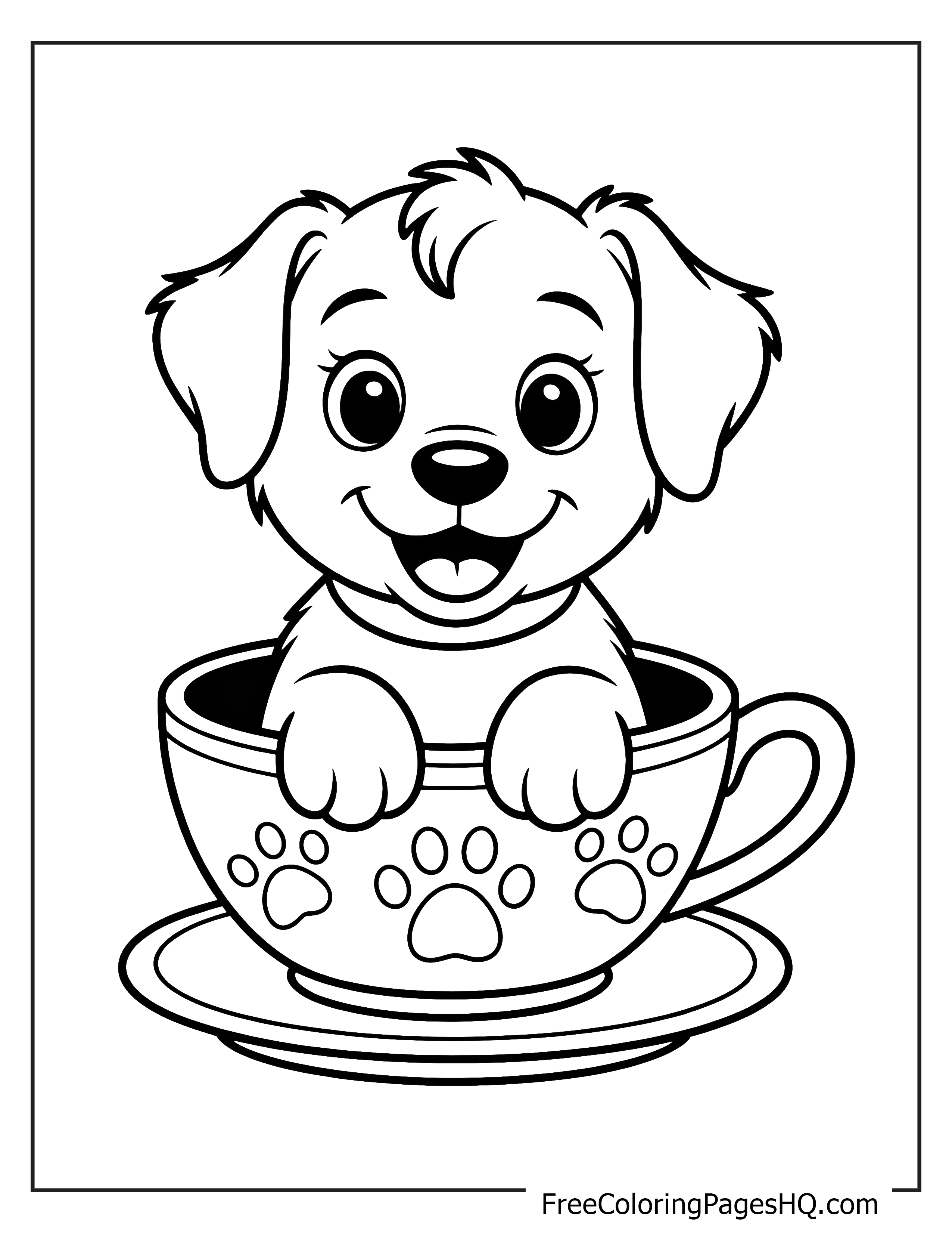 Adorable puppy peeking out of a patterned teacup.