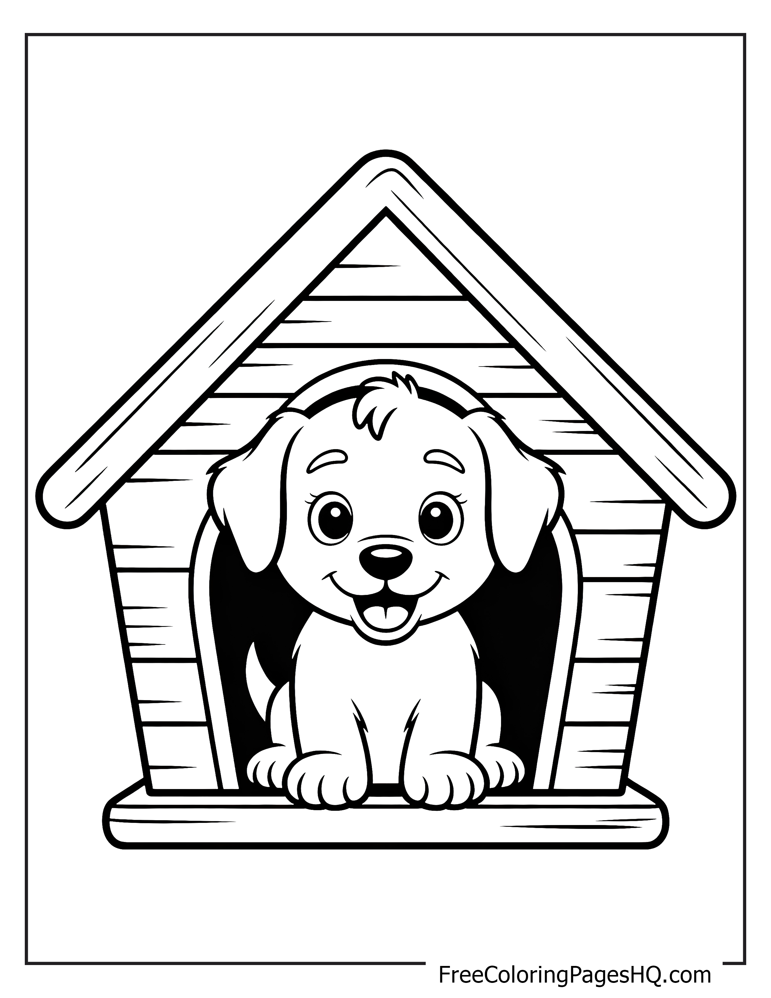 Illustration of a cheerful puppy sitting in its doghouse.