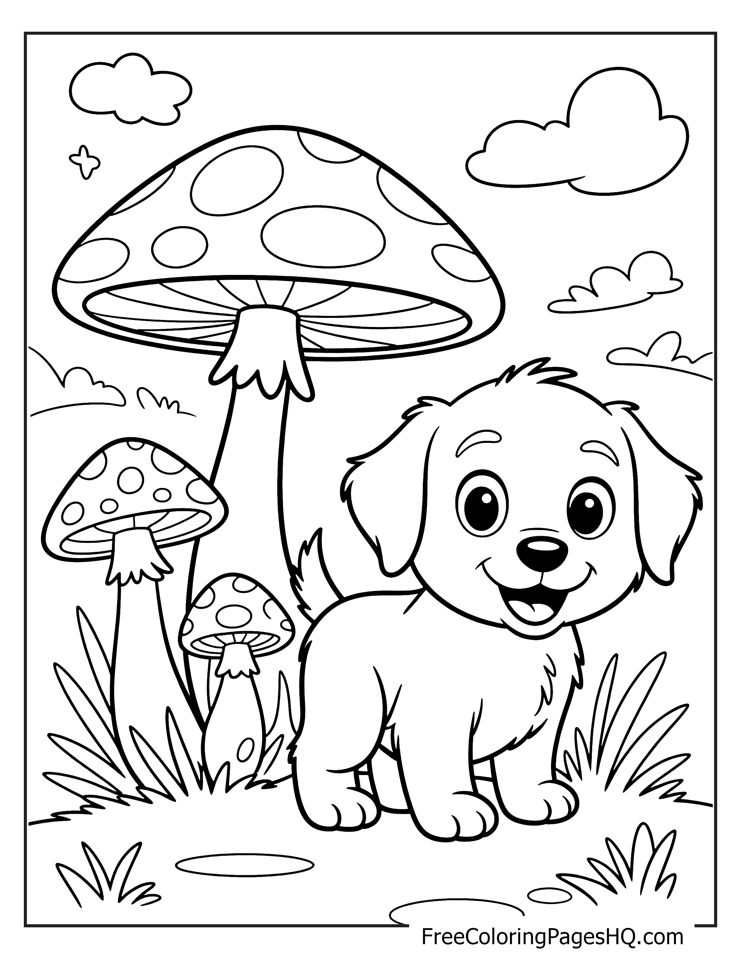 Illustration of a cheerful puppy and mushrooms in a garden.