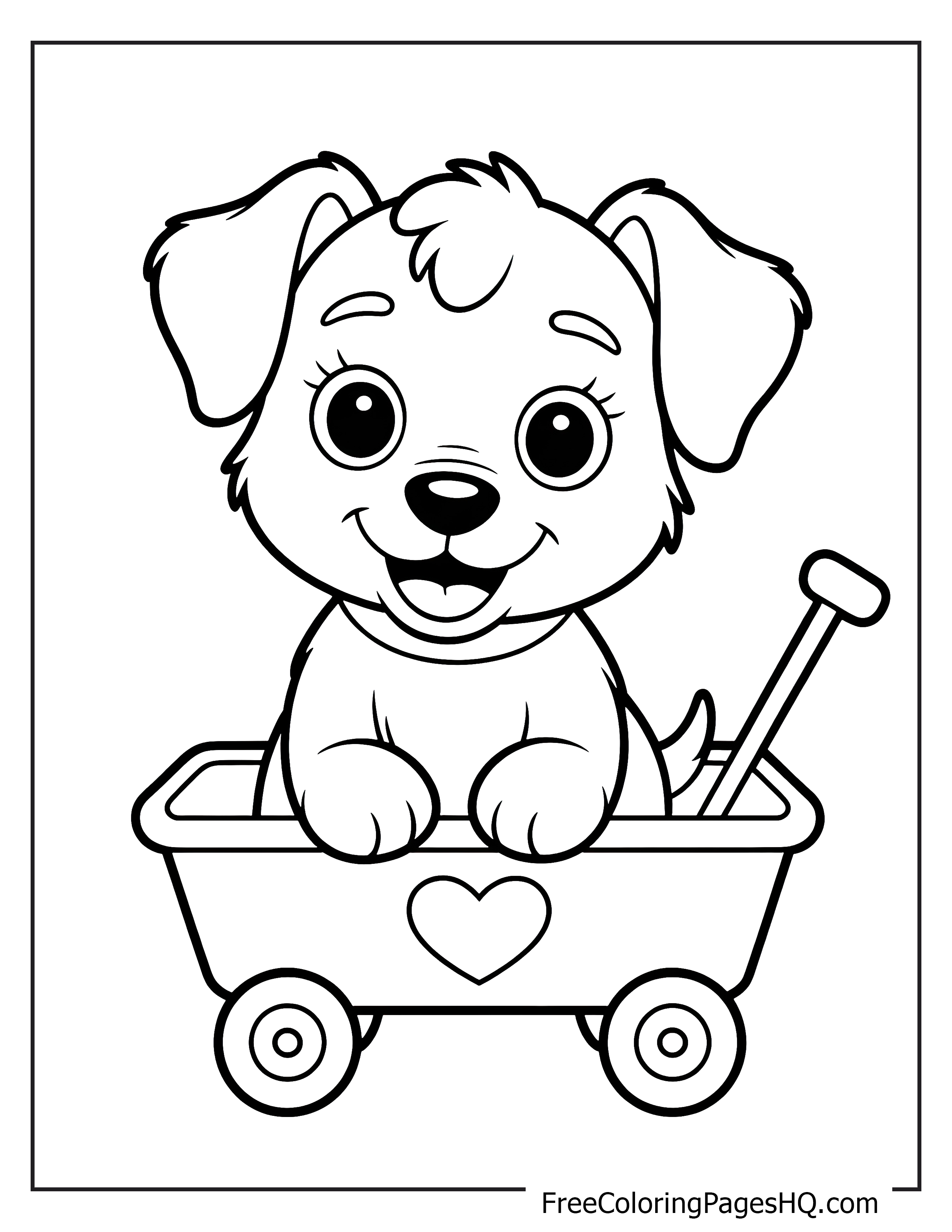 Adorable puppy sitting happily in a small wagon.
