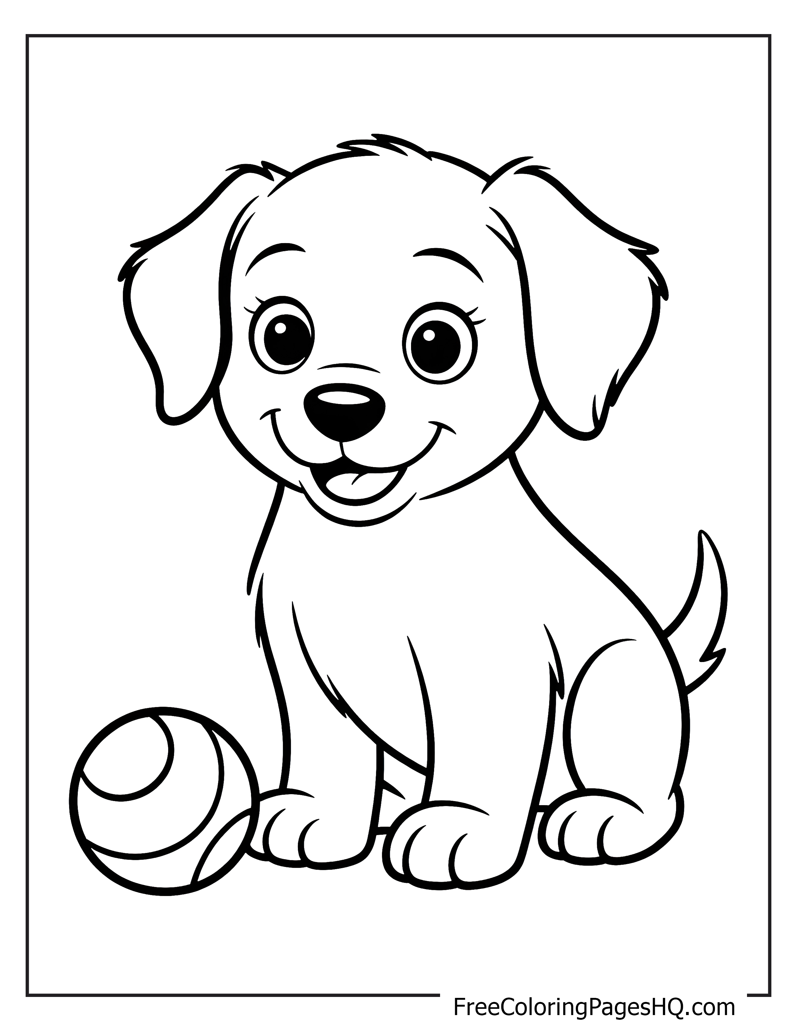 Friendly puppy sitting beside a striped ball.