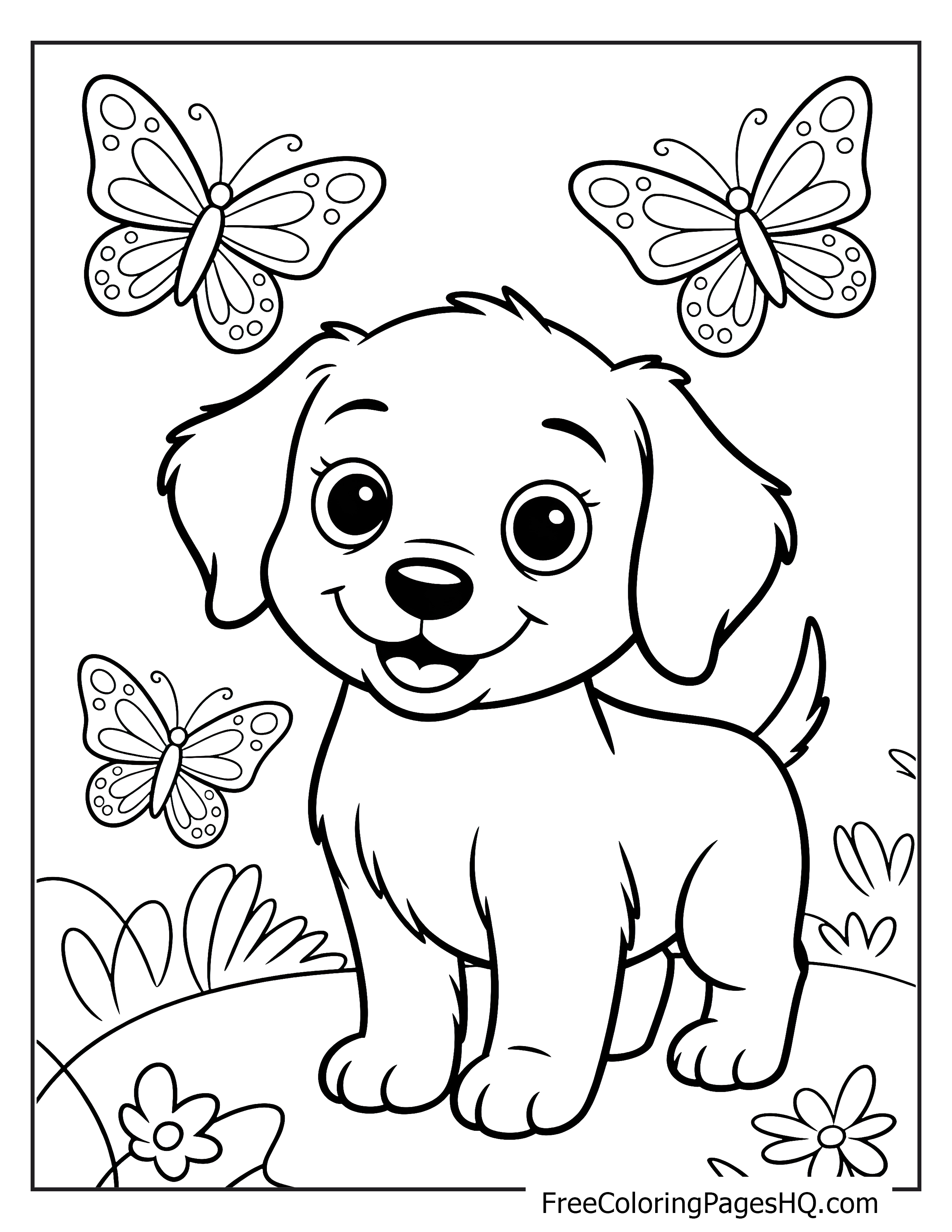 Adorable puppy with butterflies in the garden.