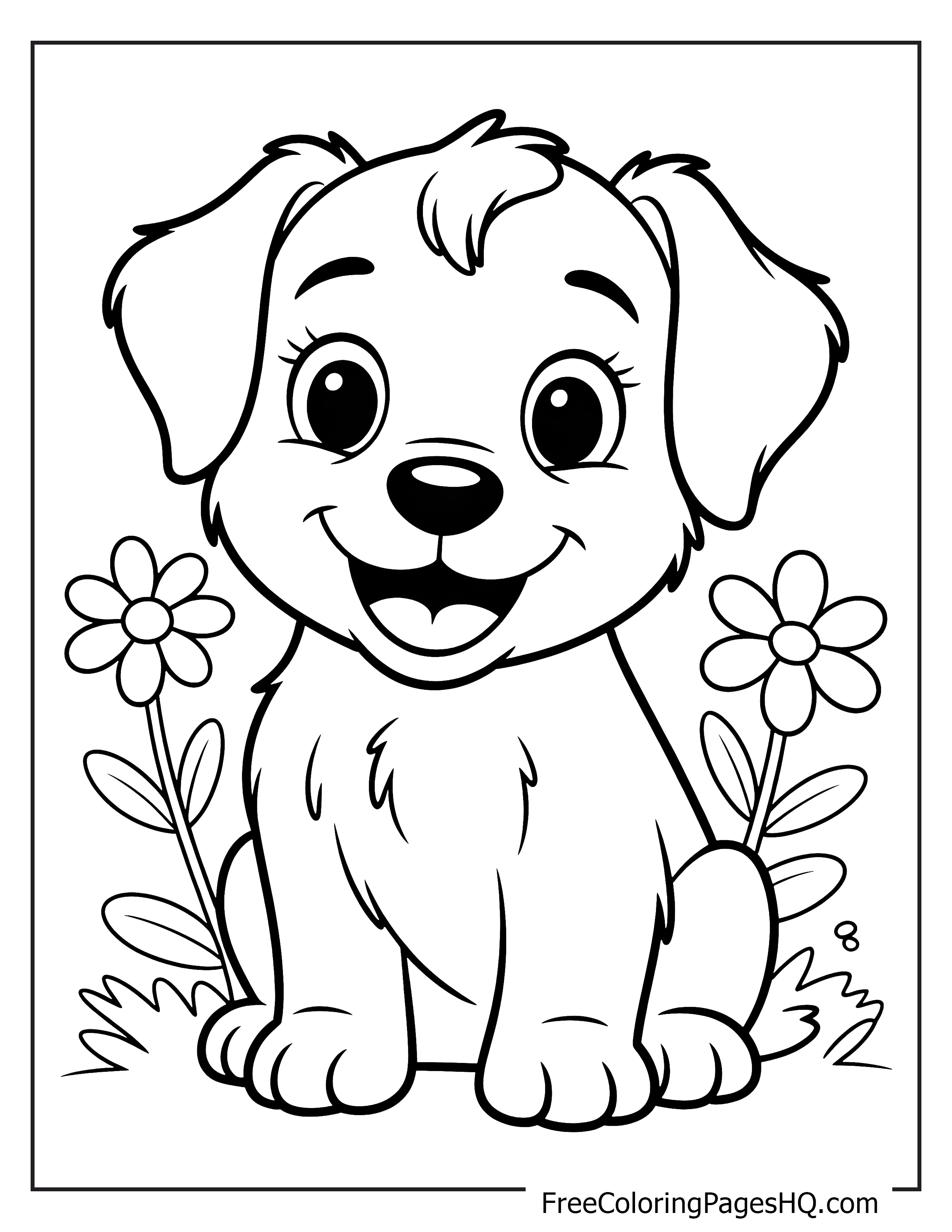 Adorable puppy with flowers illustration for kids.