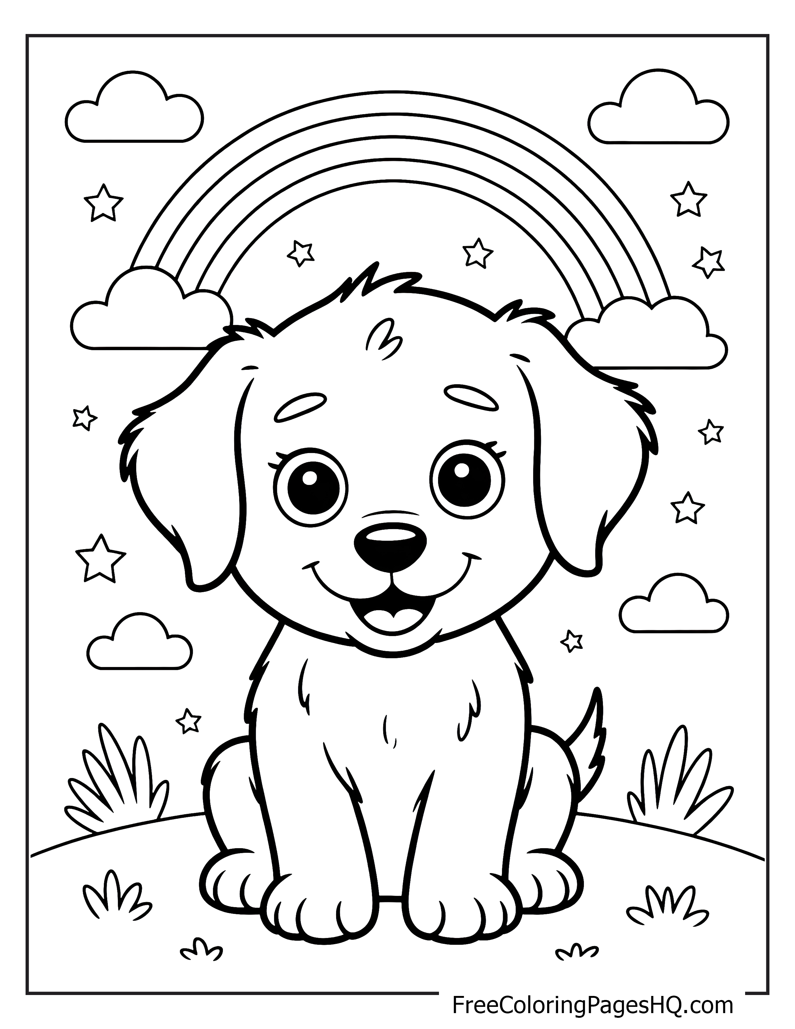 Smiling puppy under a rainbow with scattered stars.