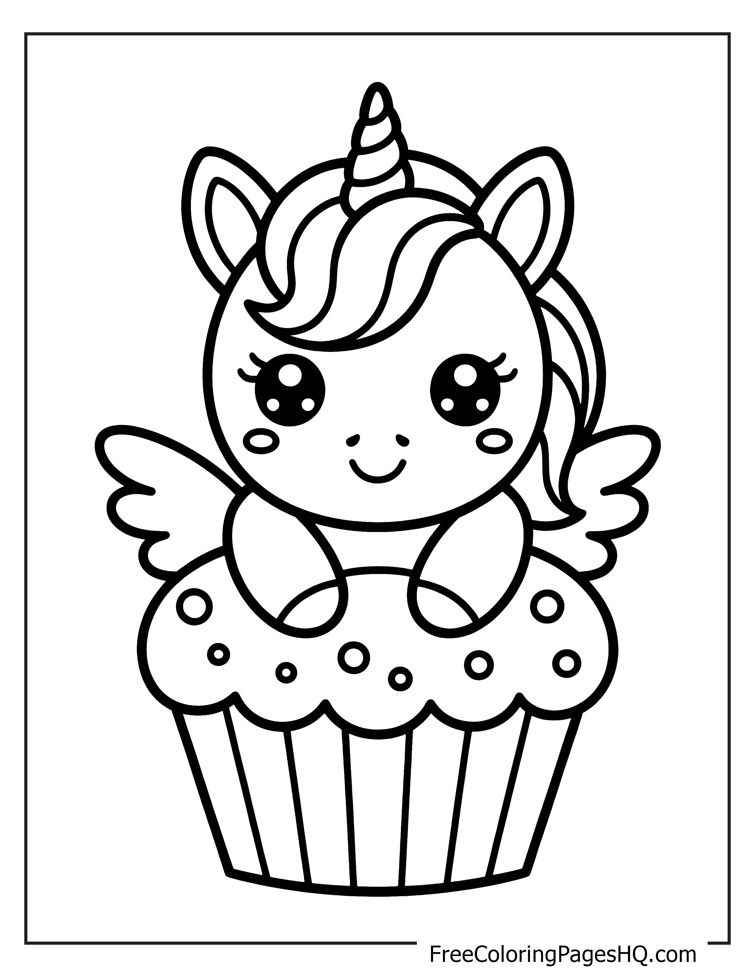Smiling unicorn perched on a cupcake for kids.