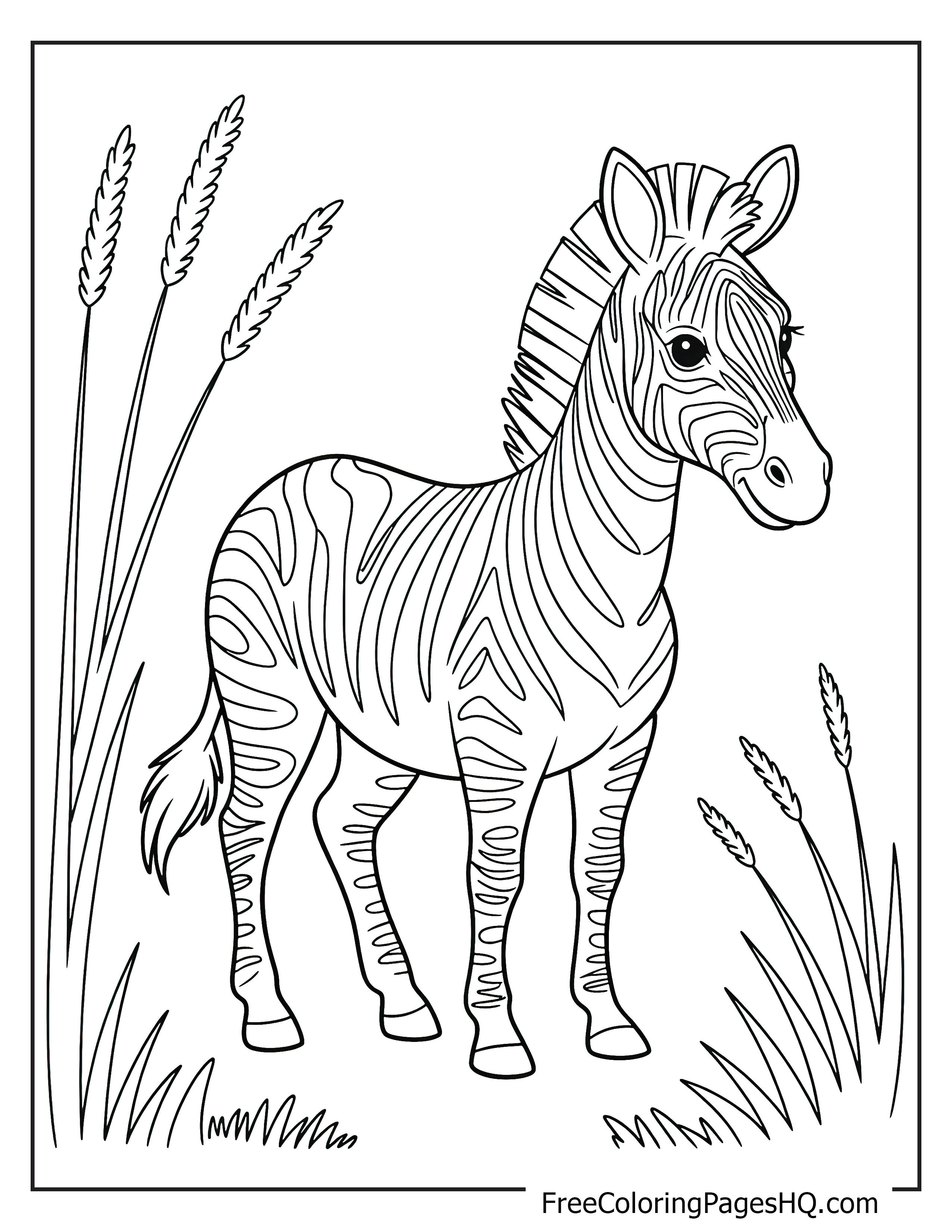 A young zebra stands among tall grasses, looking cheerful.