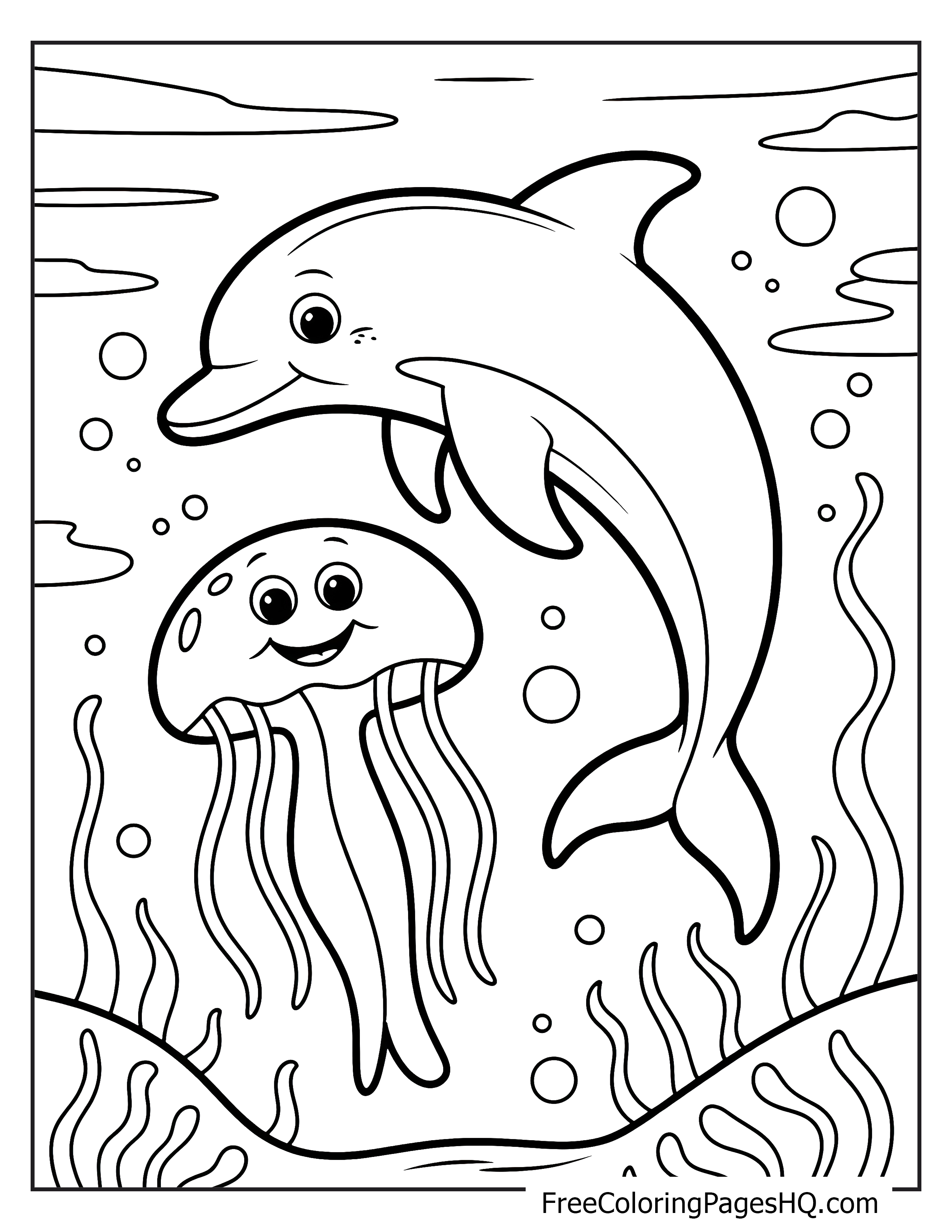 Playful dolphin with a cheerful jellyfish in a bubbly ocean setting.