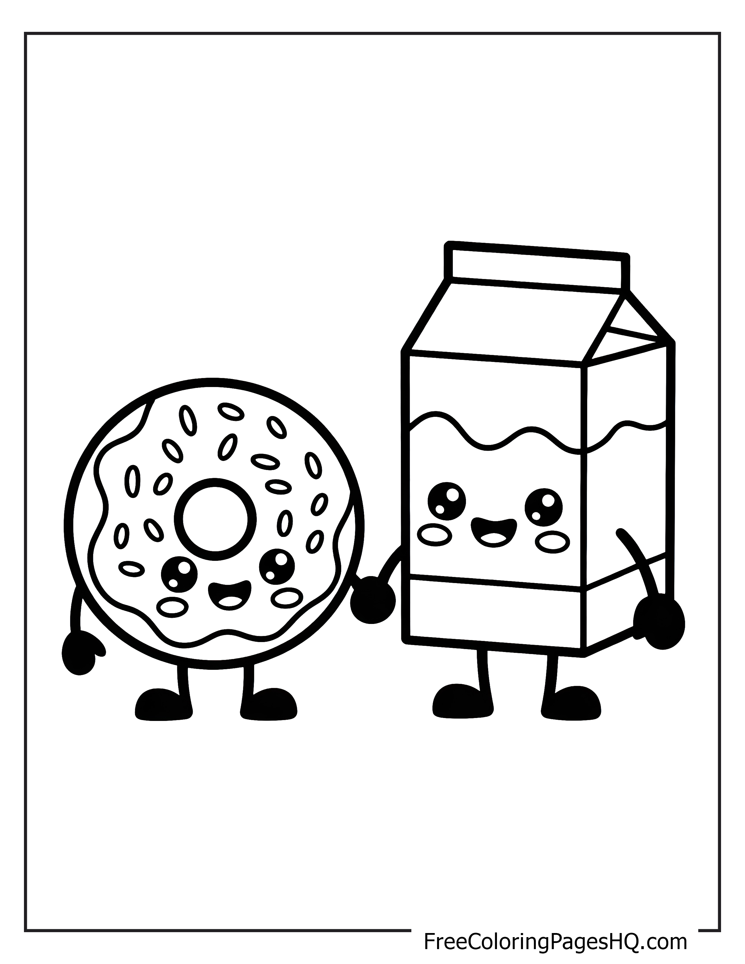 Cute donut and milk carton characters with smiling faces.