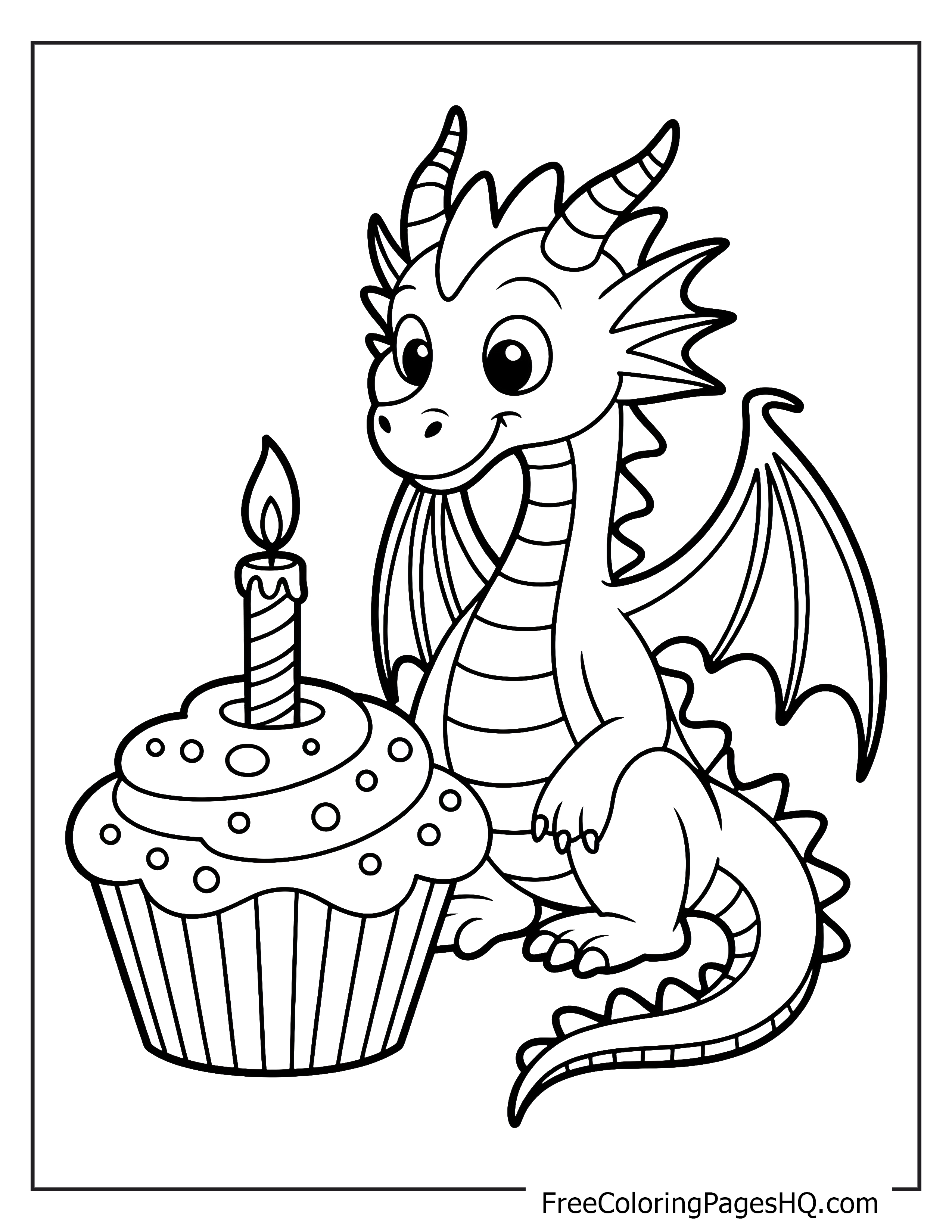 Adorable dragon with birthday cupcake illustration.