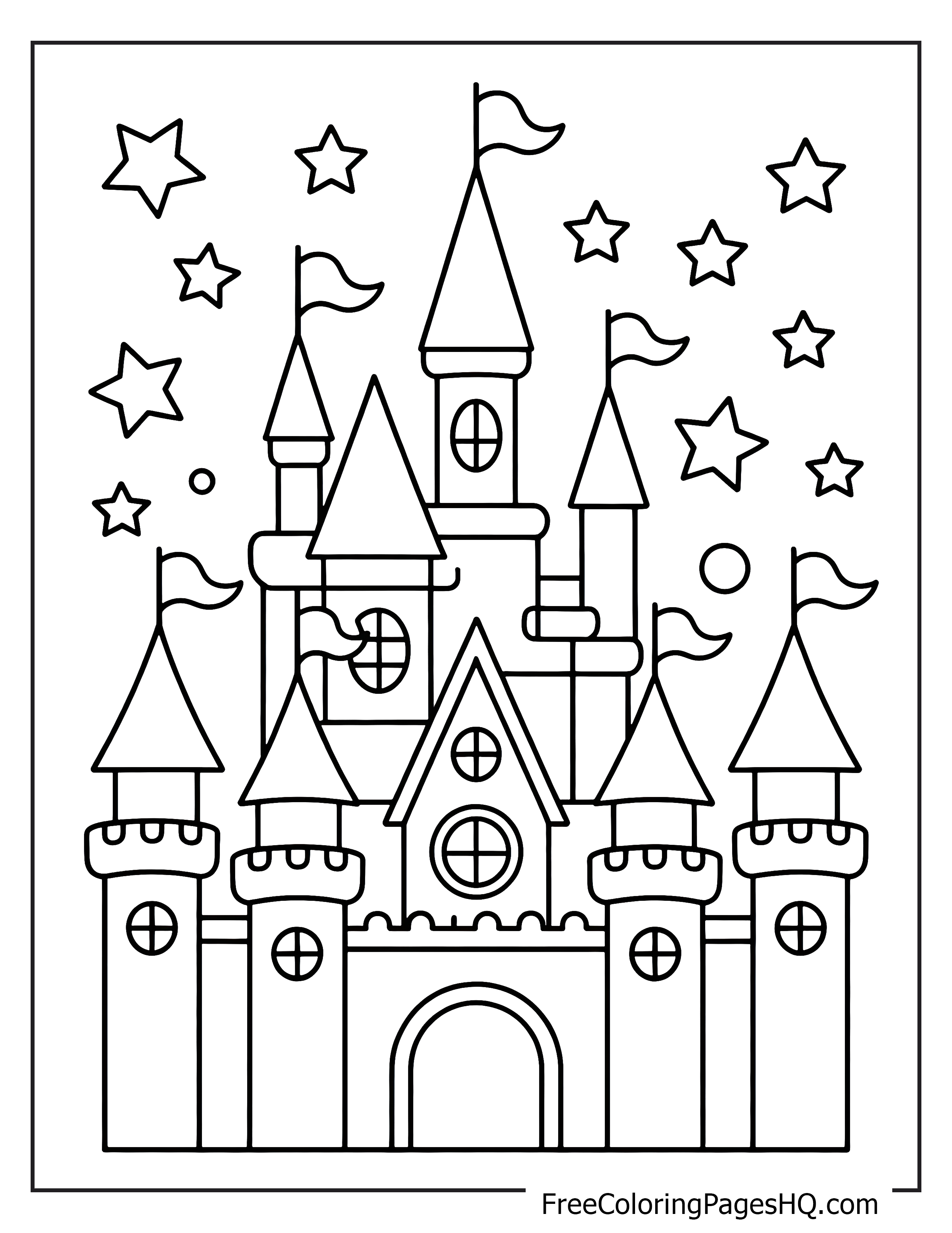 A castle with towers and flags under a starry night sky.