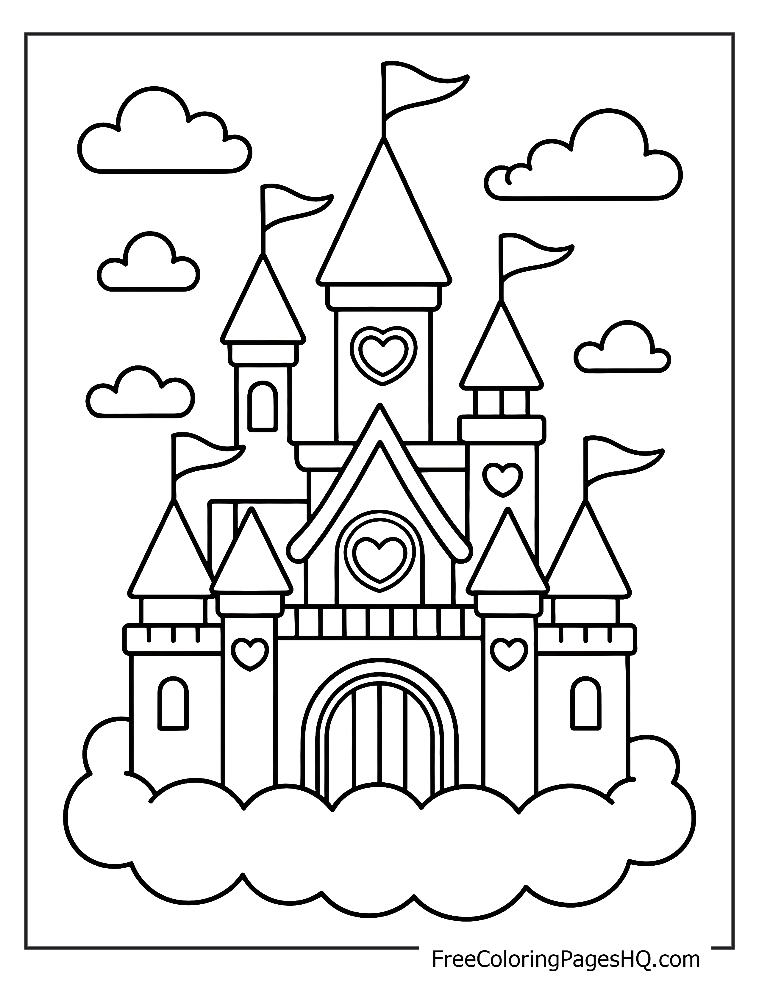 Floating castle on clouds with heart windows and flags.