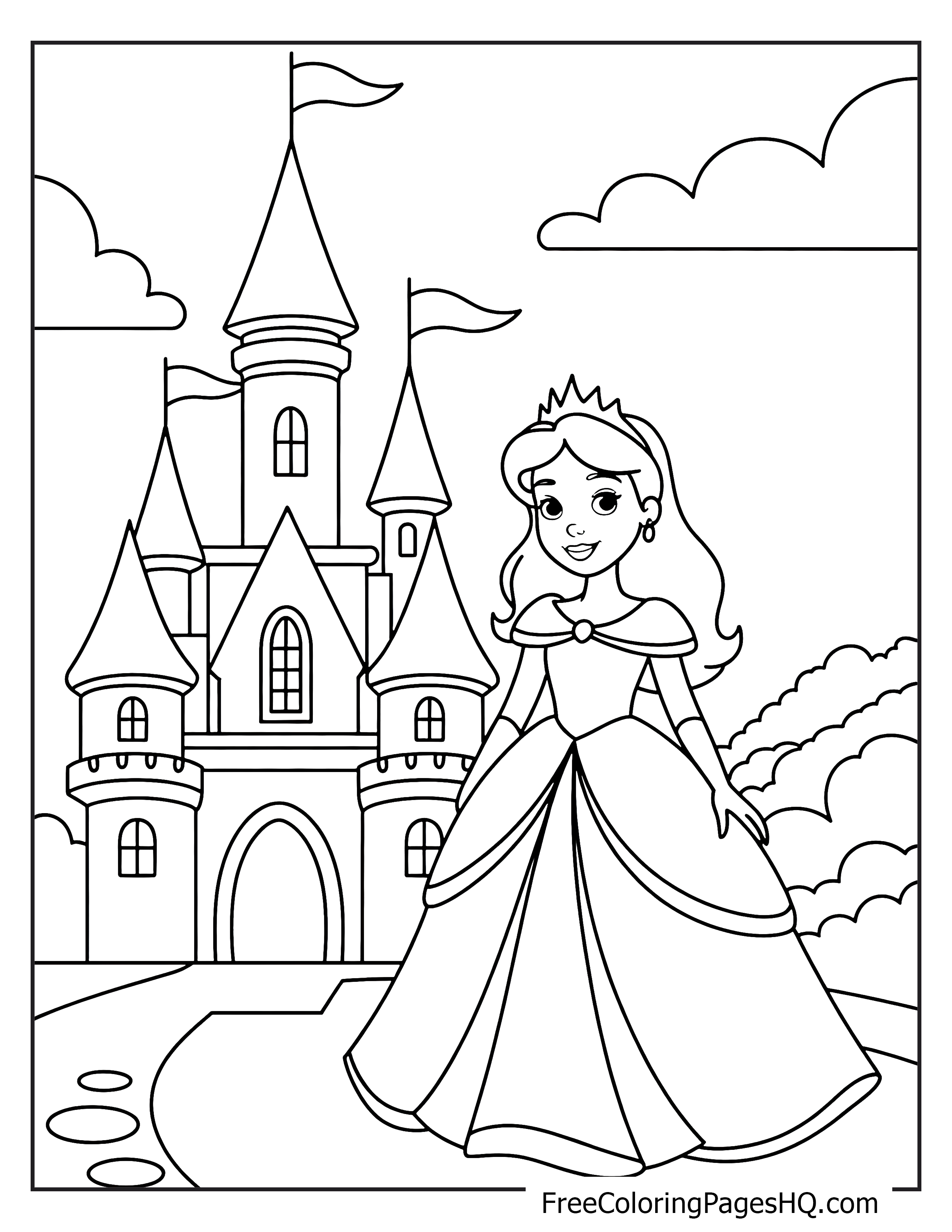 A princess in a flowing gown stands outside a castle with towers and flags.