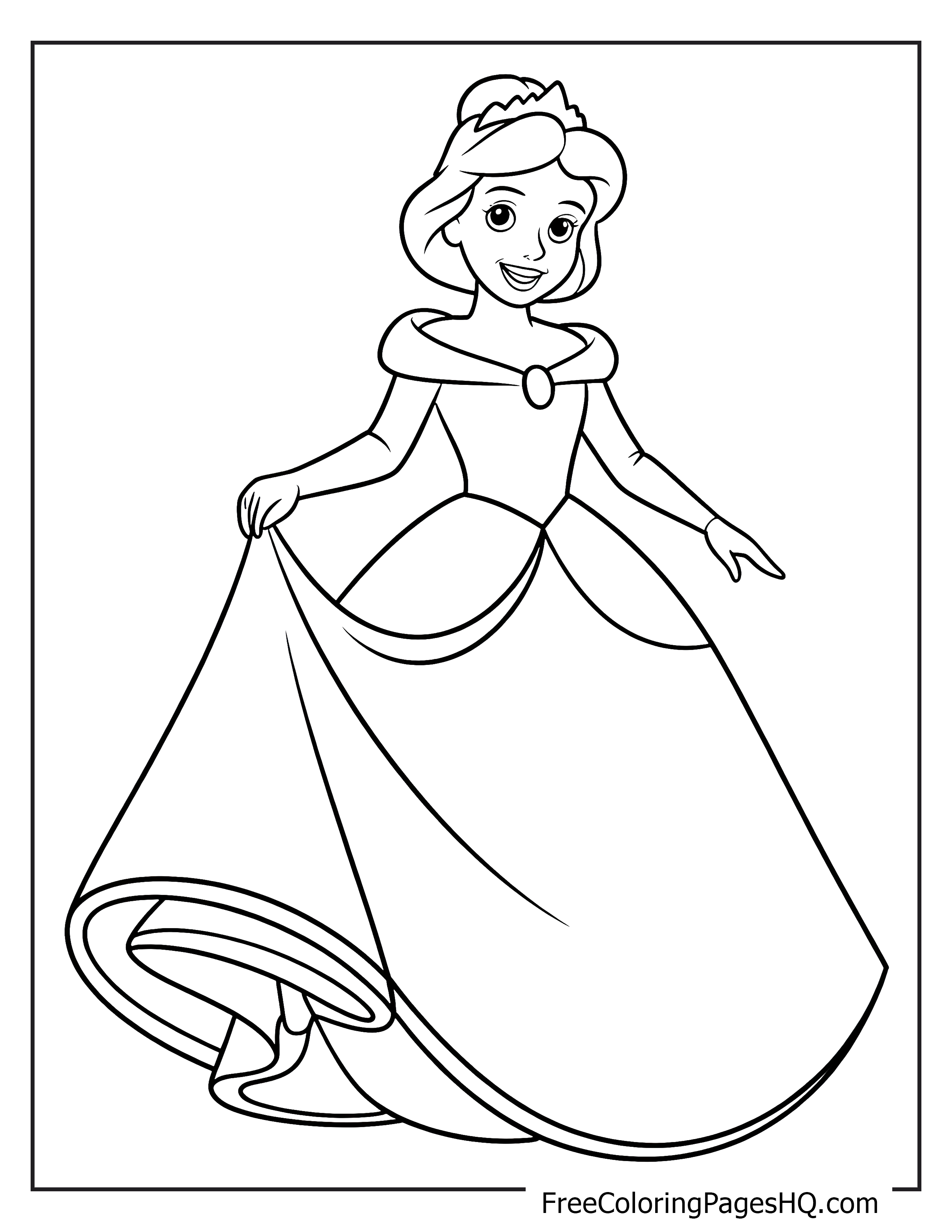 A smiling princess holds her gown, looking elegant and welcoming.