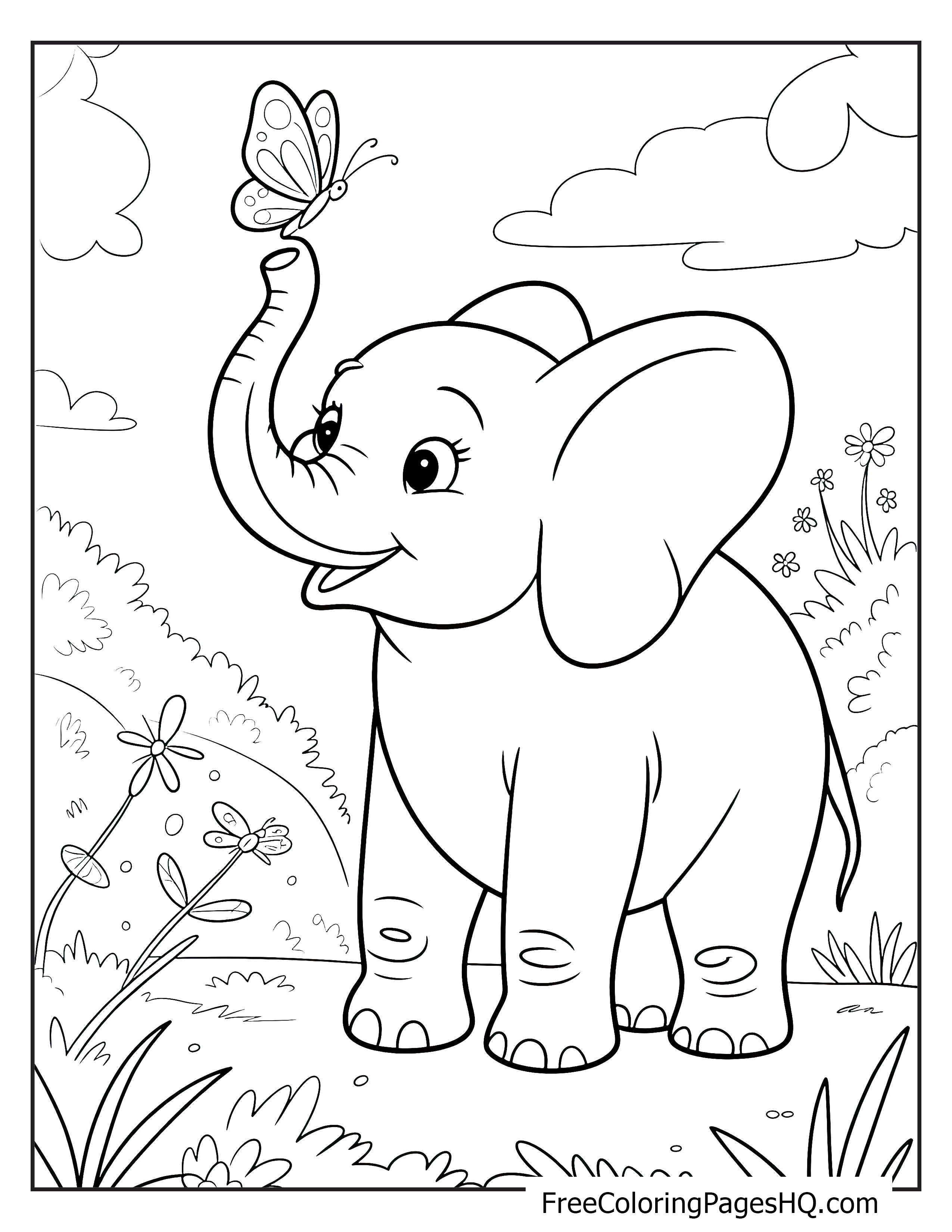 A happy elephant with a butterfly on its trunk in a sunny meadow.