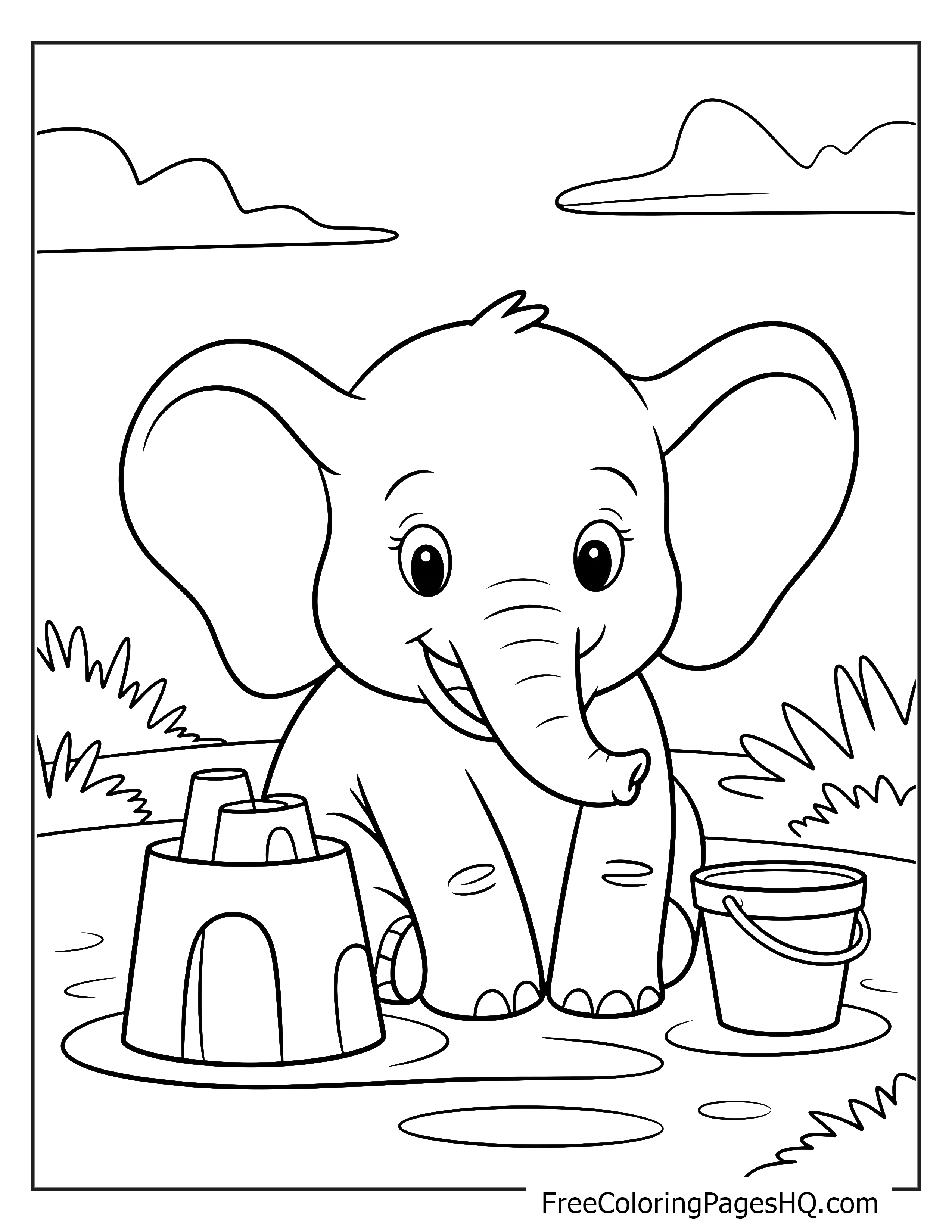 Elephant enjoying the beach with a sandcastle and bucket.