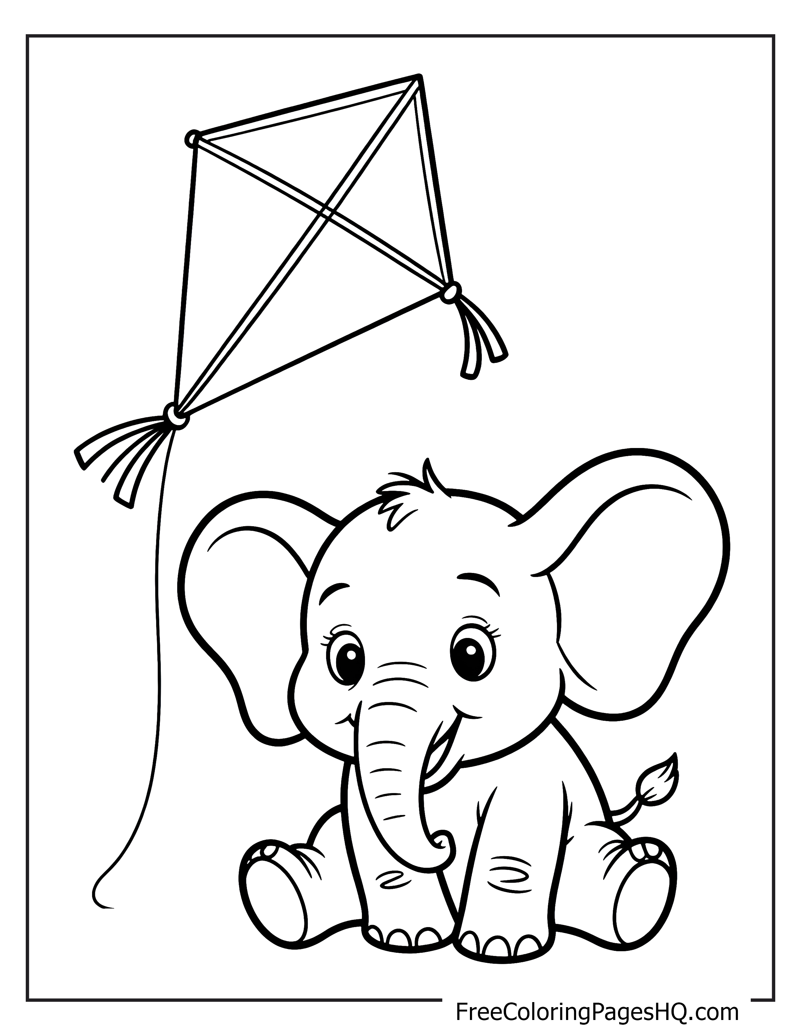 Elephant joyfully sitting with a flying kite.