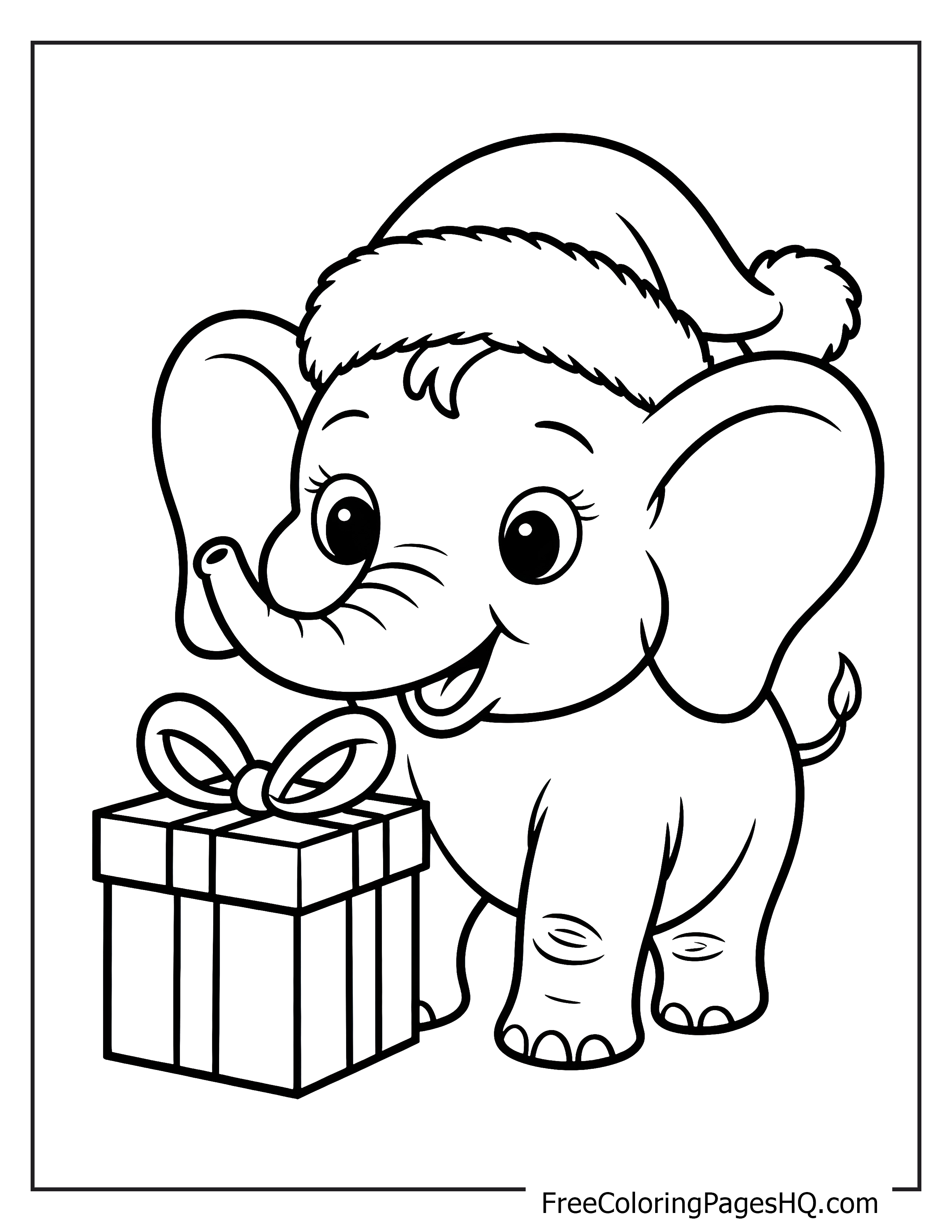 Elephant wearing Santa hat next to a gift box.