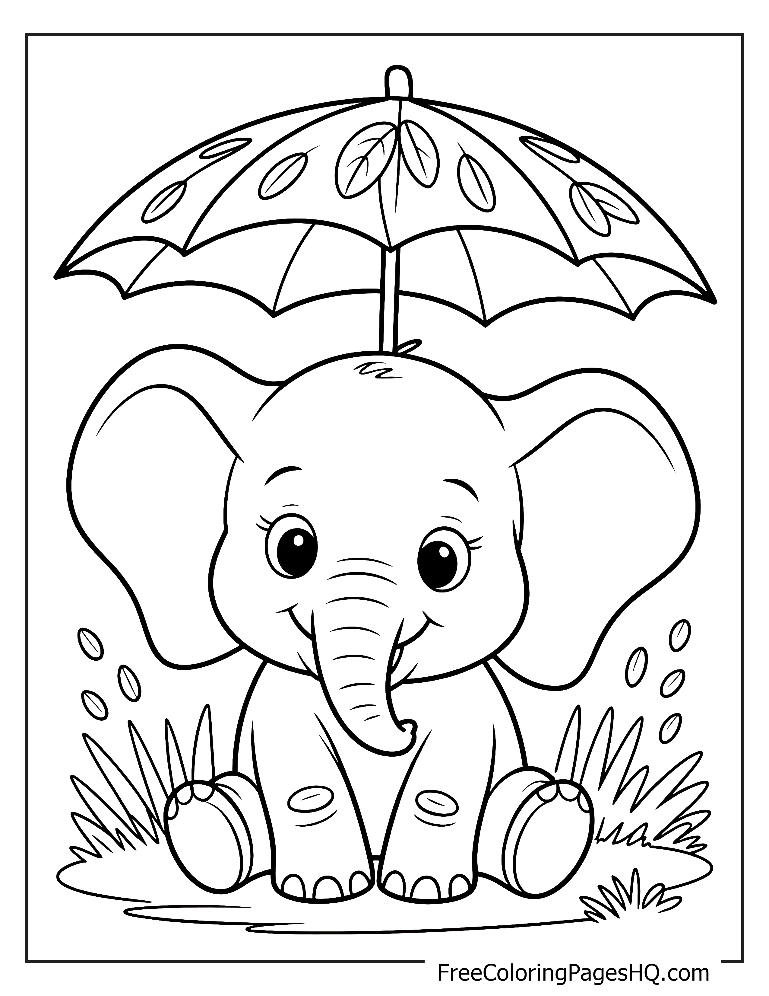 Adorable elephant holding an umbrella while sitting.
