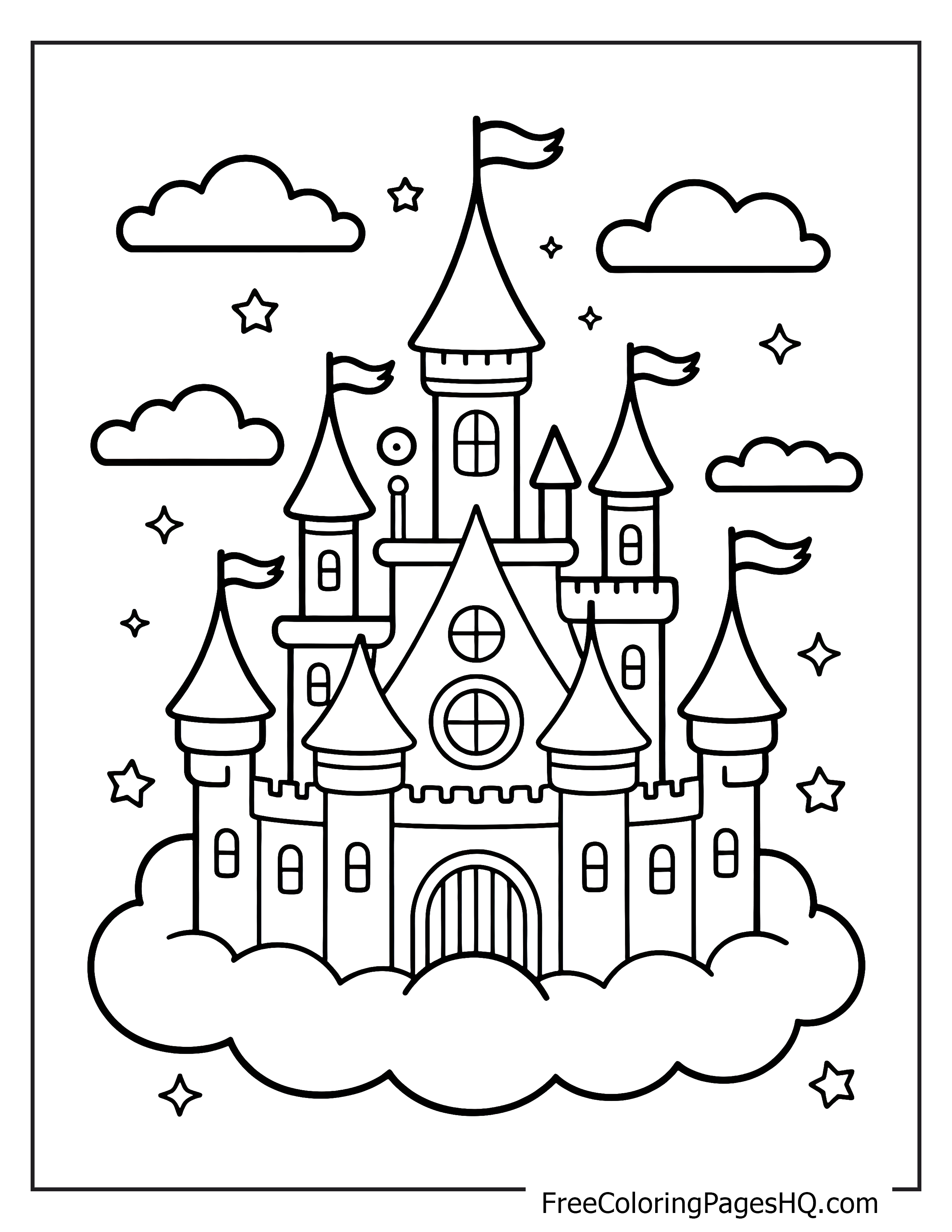 A grand castle with waving flags rests on fluffy clouds surrounded by stars and clouds.