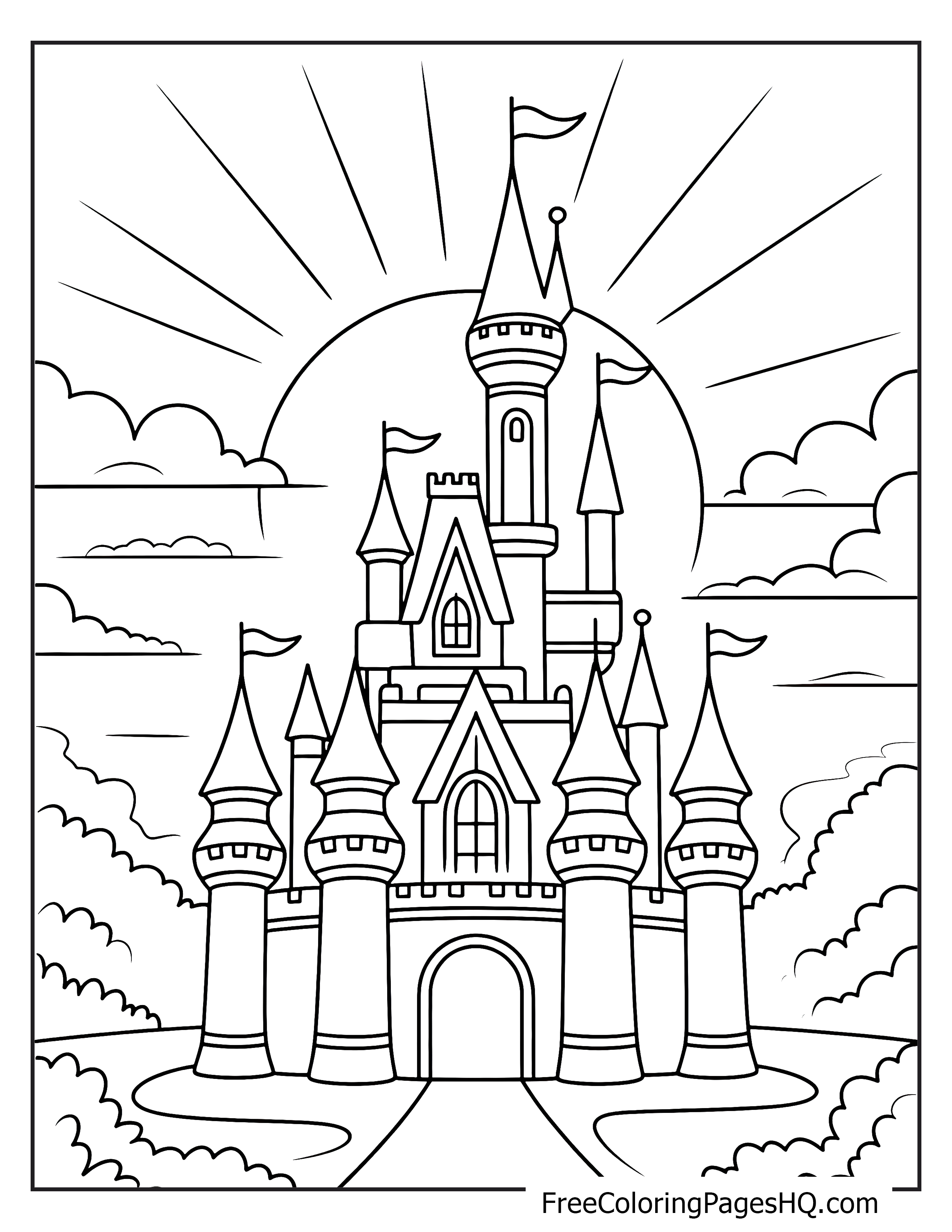 Castle with tall towers and flags, set against a sunrise and clouds.