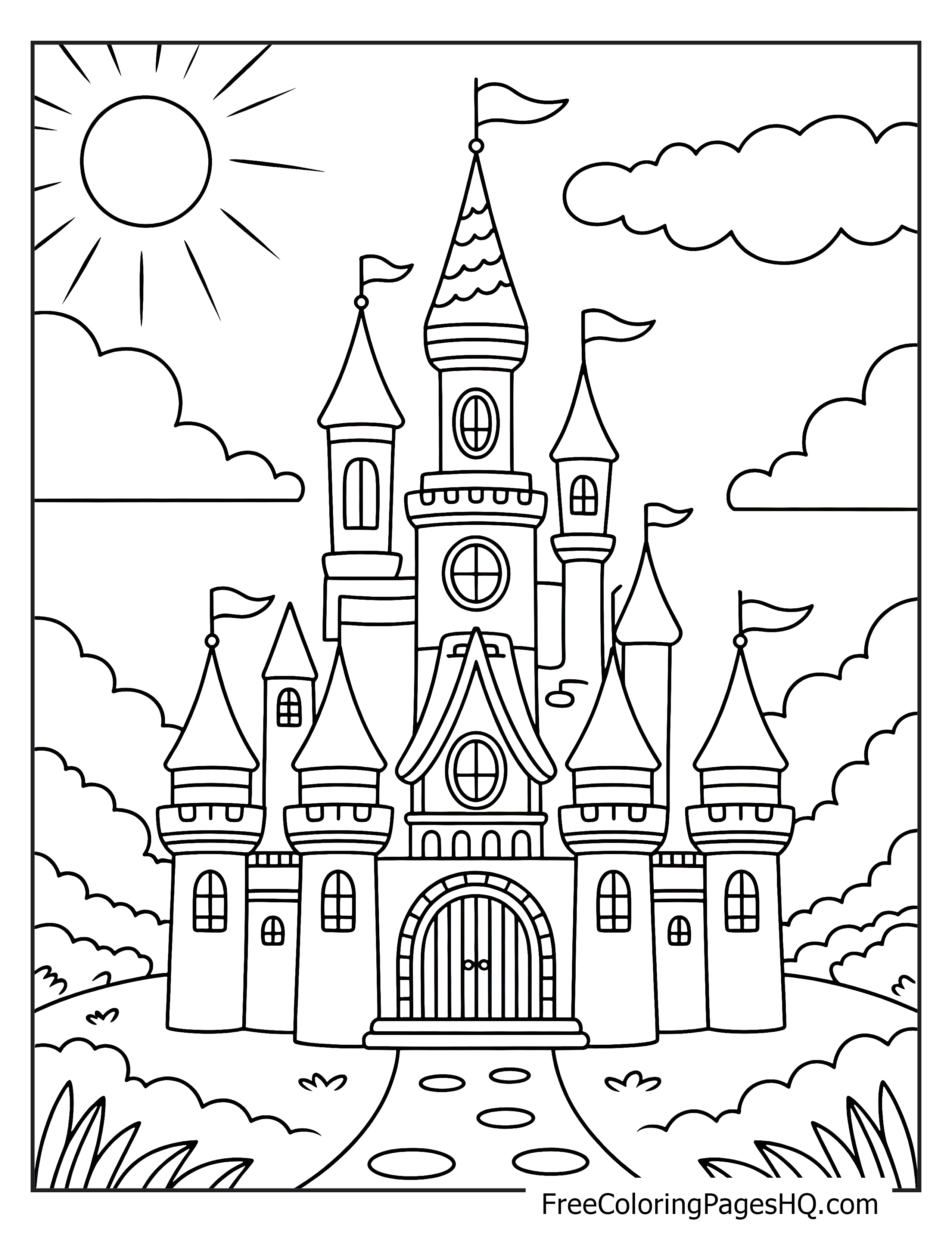 A grand castle with towers and flags under a sunny sky and clouds.