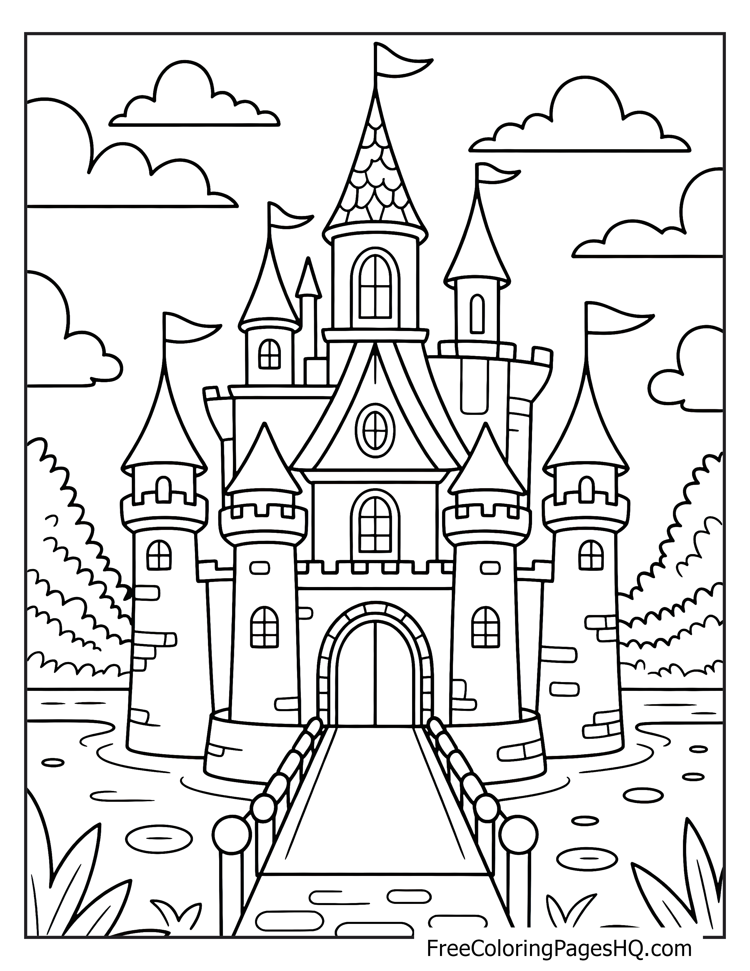 A grand castle with towers and flags stands by a lake under a cloudy sky.