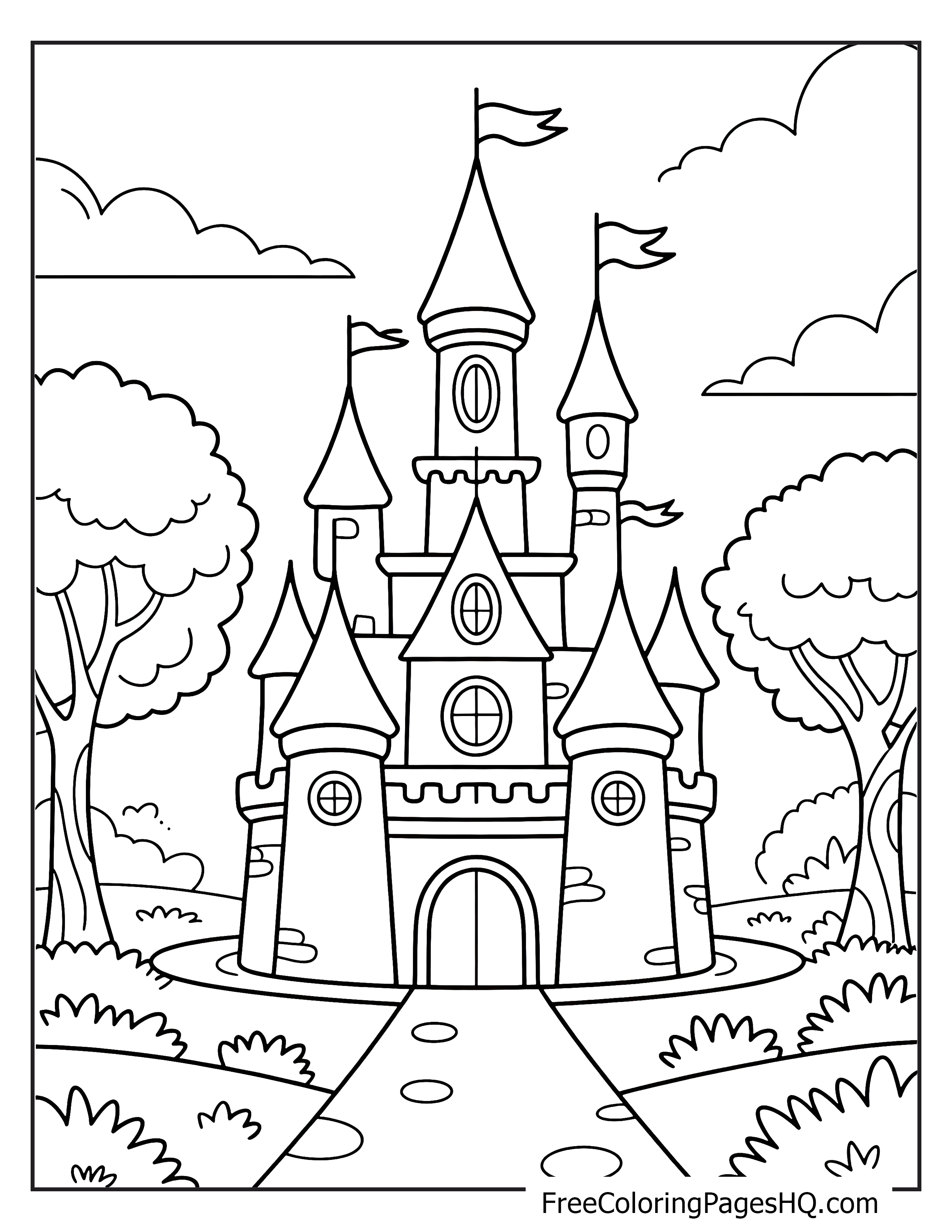 A large castle with towers and flags, nestled among trees and clouds.