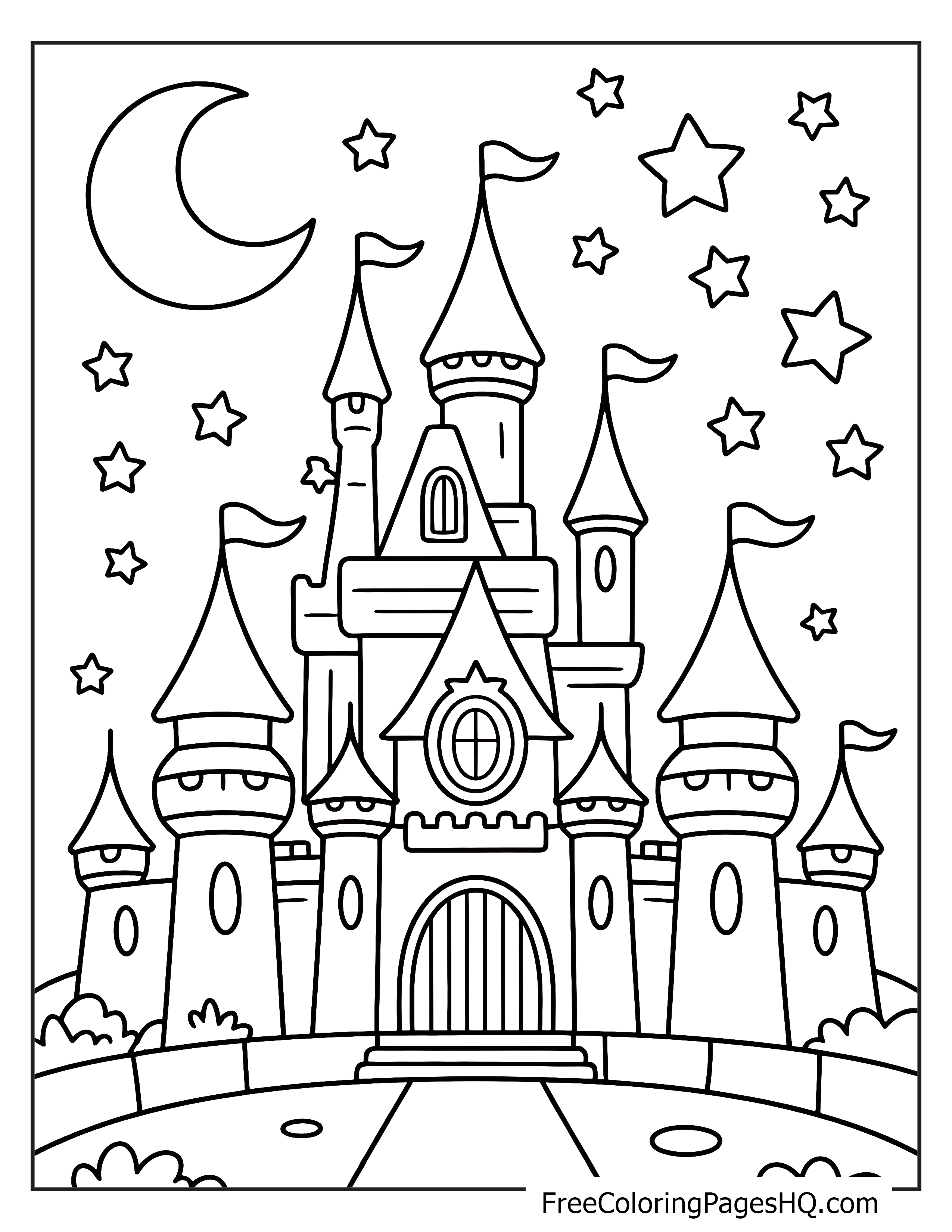 Castle with multiple turrets under a night sky filled with stars and a crescent moon.