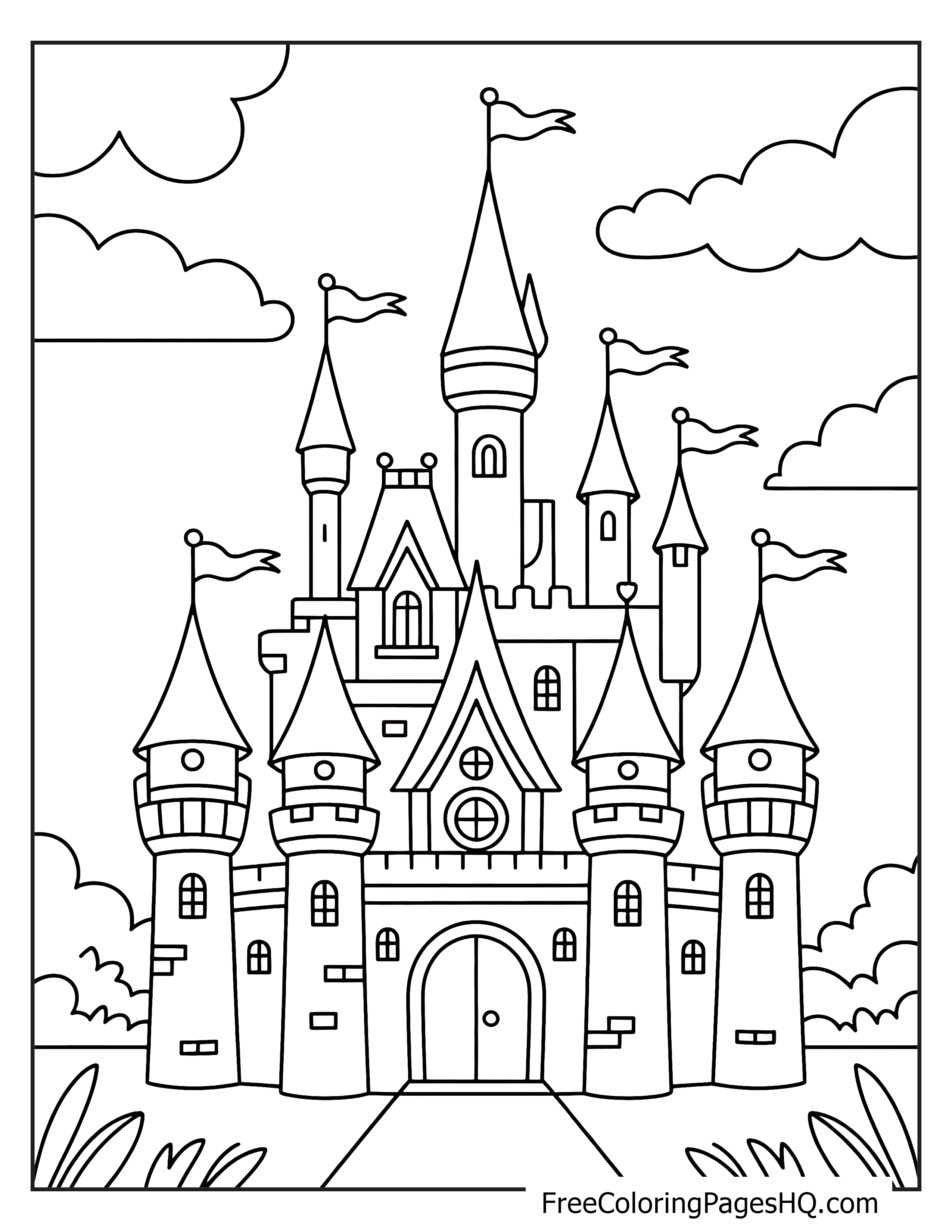 A large, regal castle with multiple towers and flags, set under a cloudy sky.