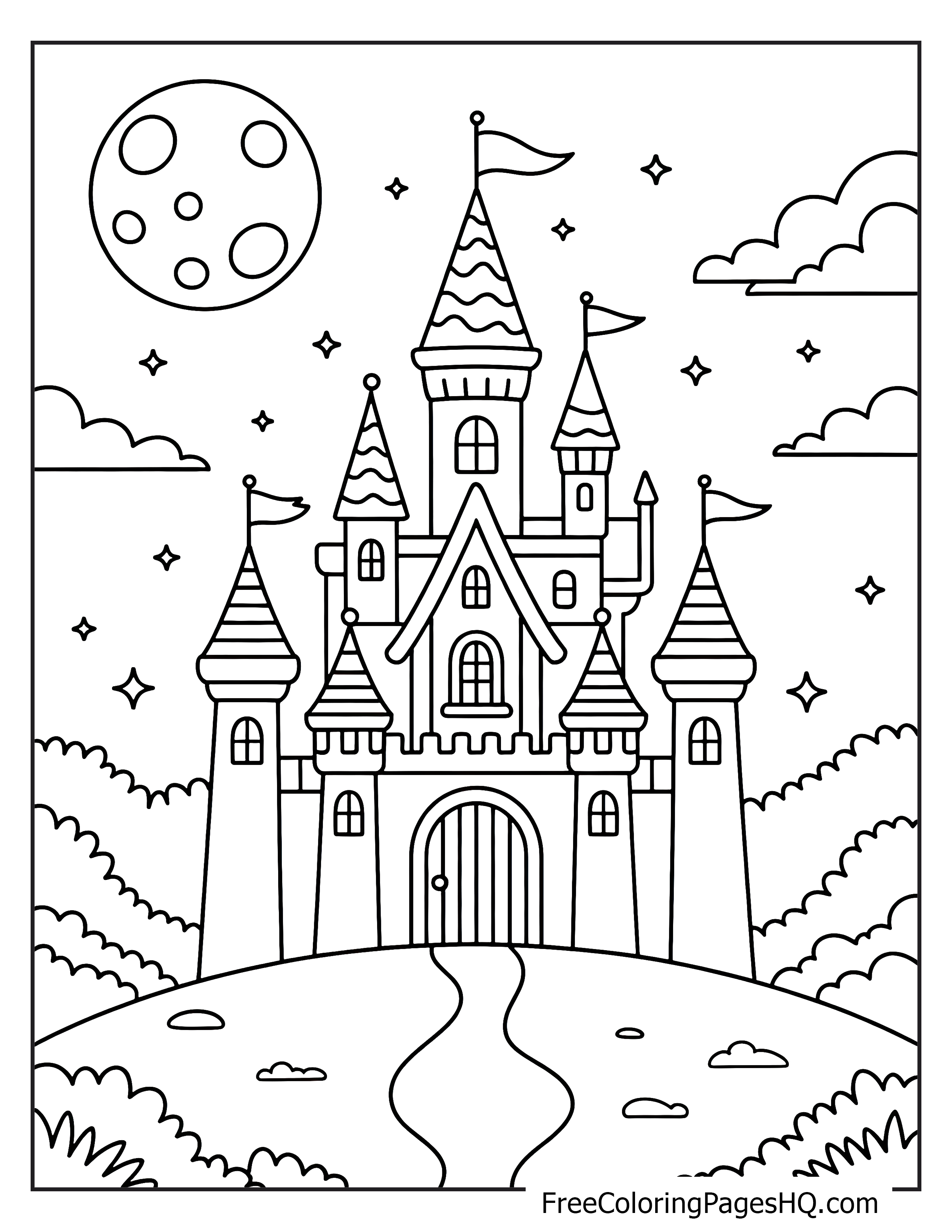 Castle on a hilltop with flags flying, under a full moon and starry sky.