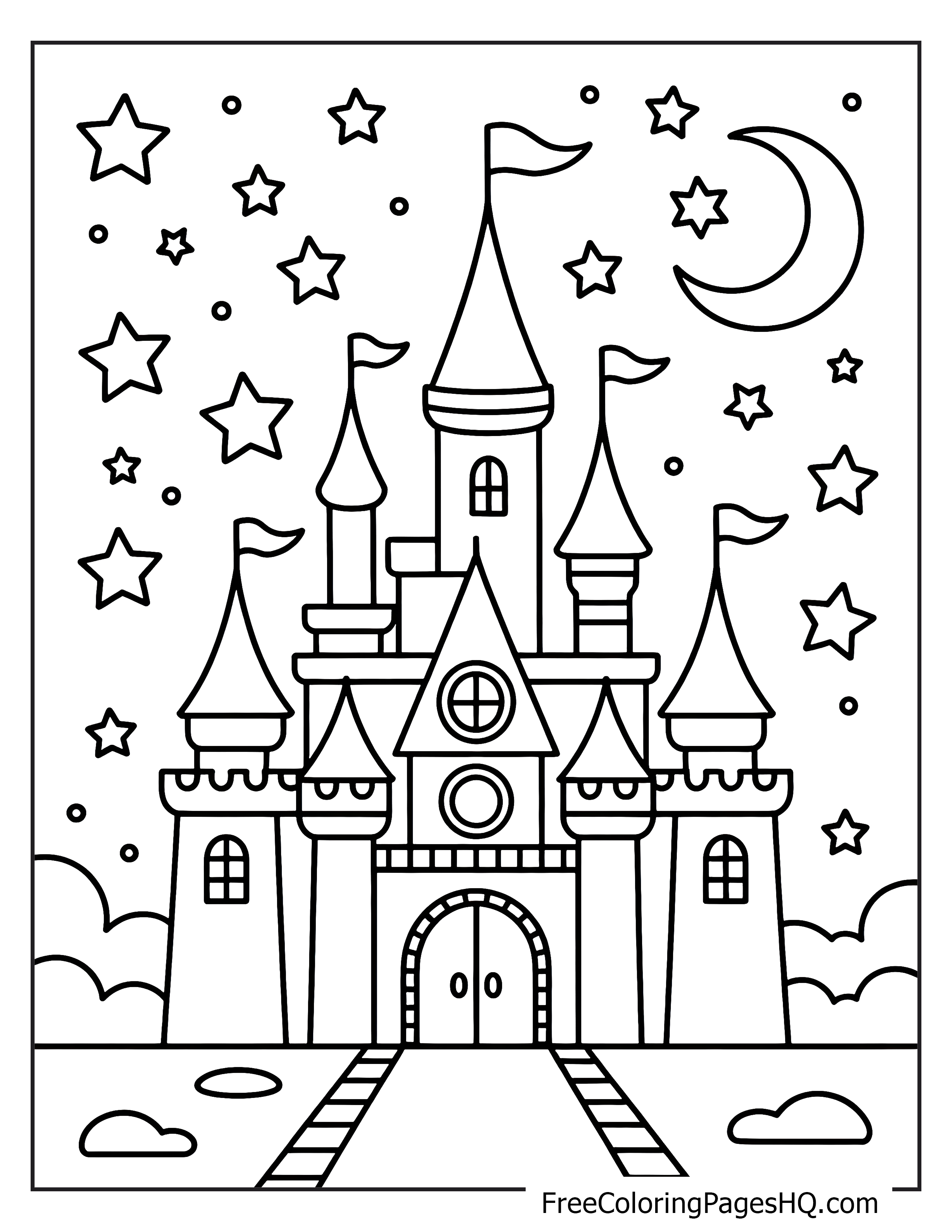 A castle with tall towers and flags under a sky filled with stars and a crescent moon.