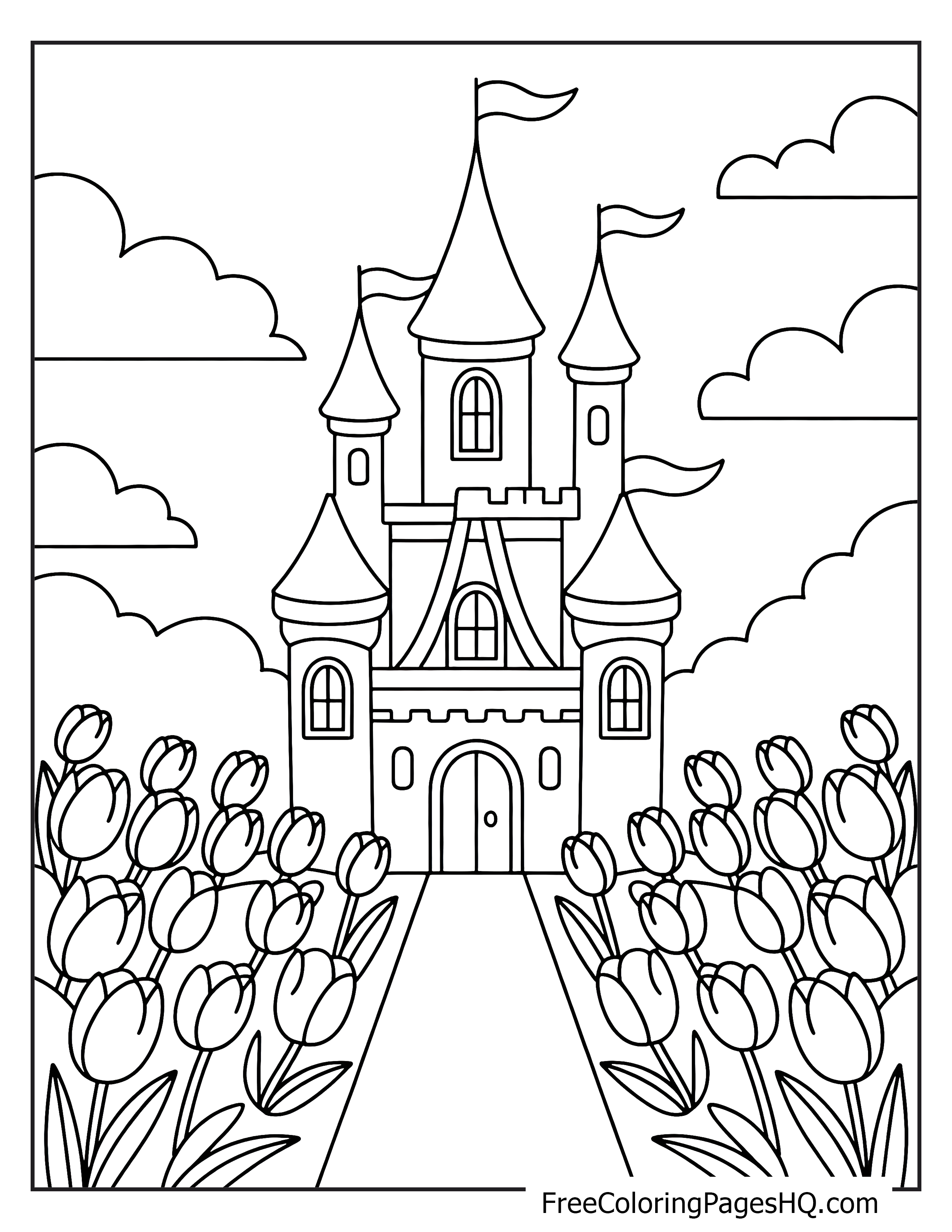 A castle surrounded by blooming tulips under a cloudy sky.