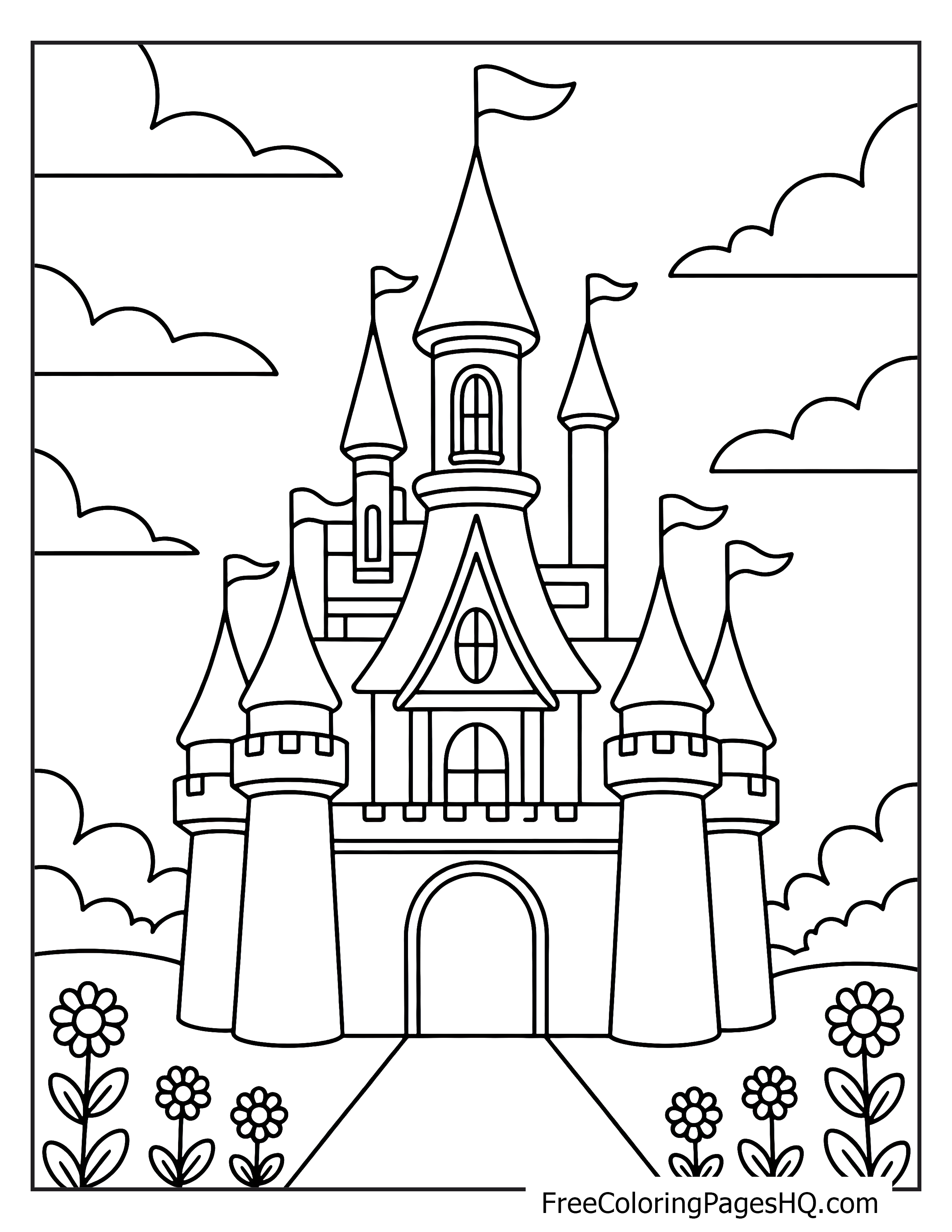 A castle with tall towers, flags flying, and flowers lining the path.