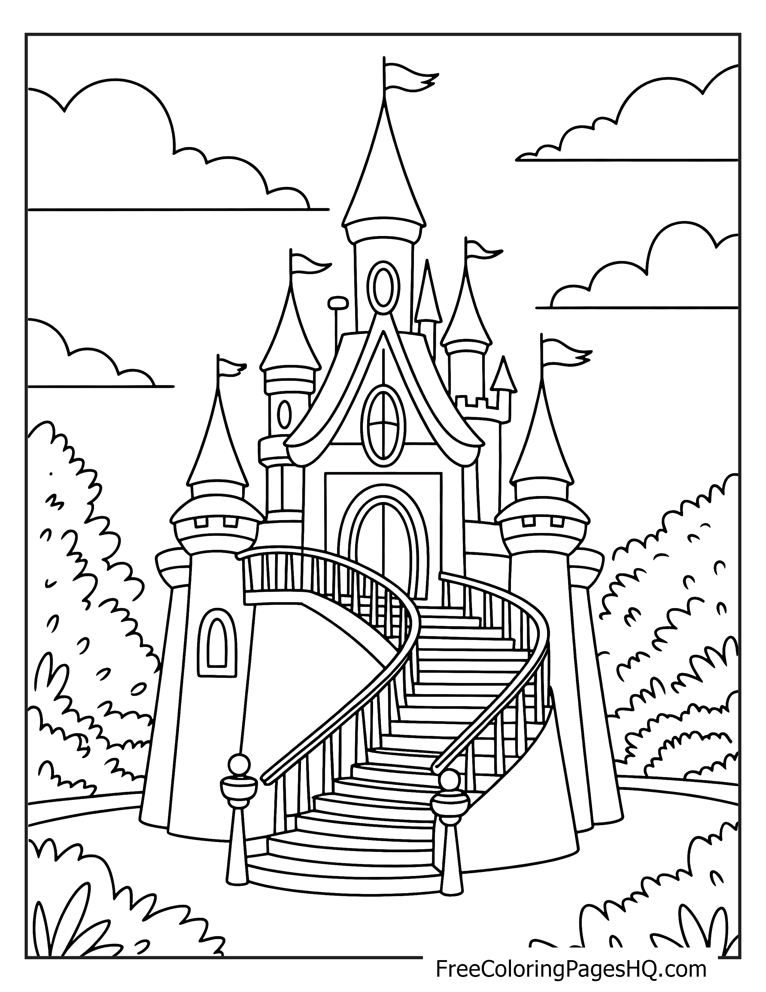 Majestic castle with a grand staircase, surrounded by bushes and topped with flags.