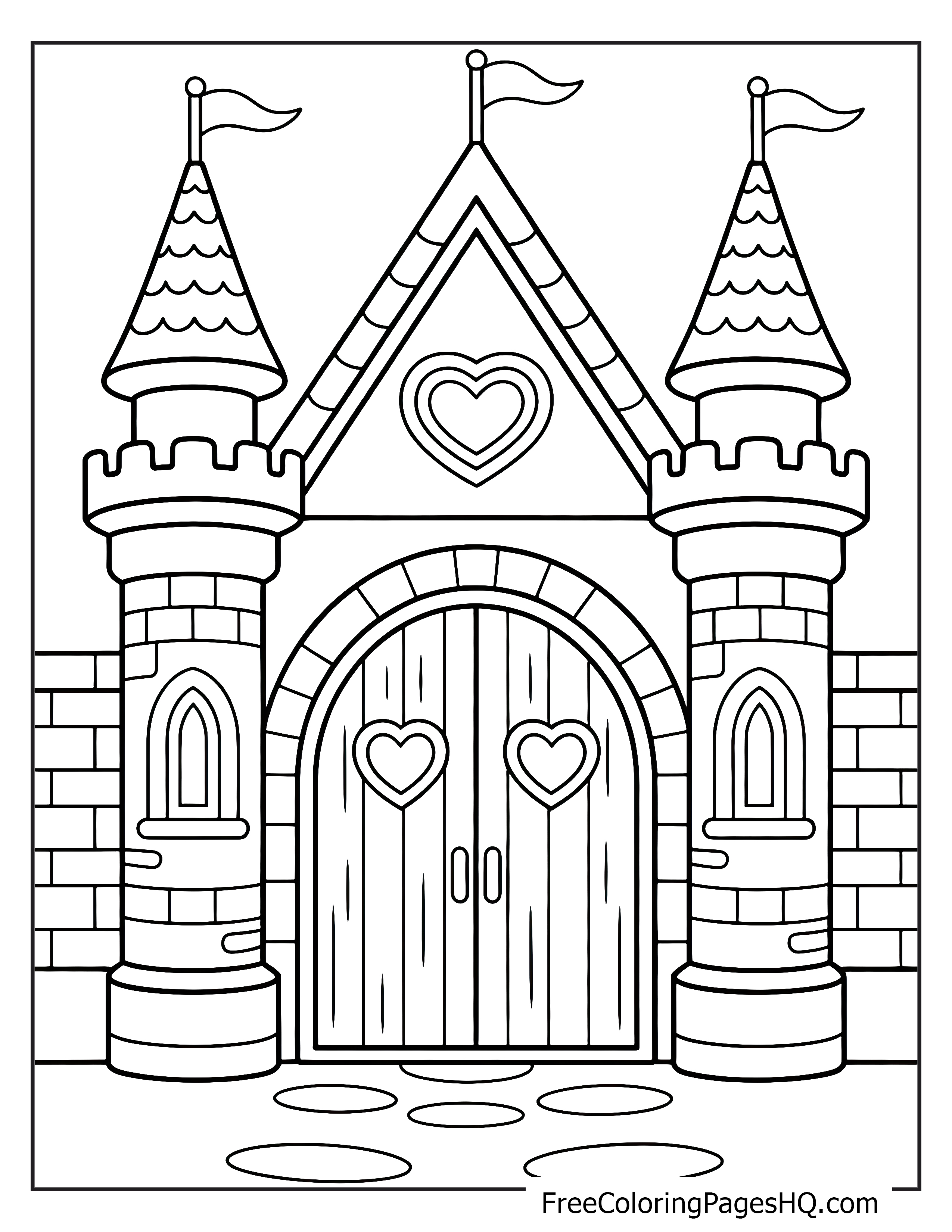 An enchanting castle with heart-shaped doors and tall turrets.
