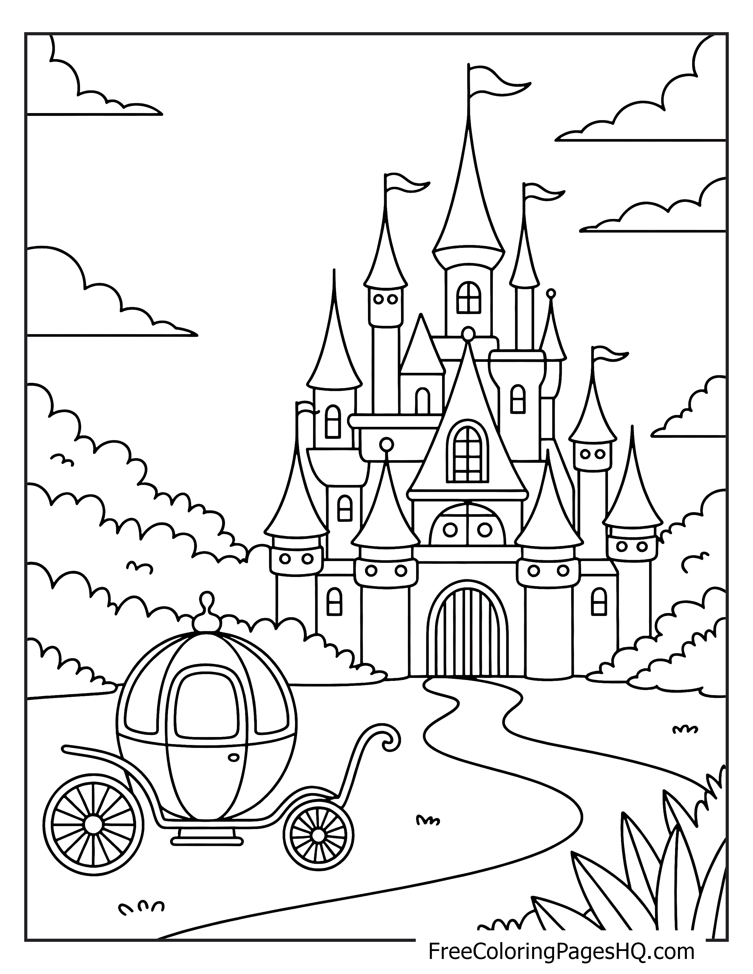 Majestic castle with a waiting royal carriage on a path.