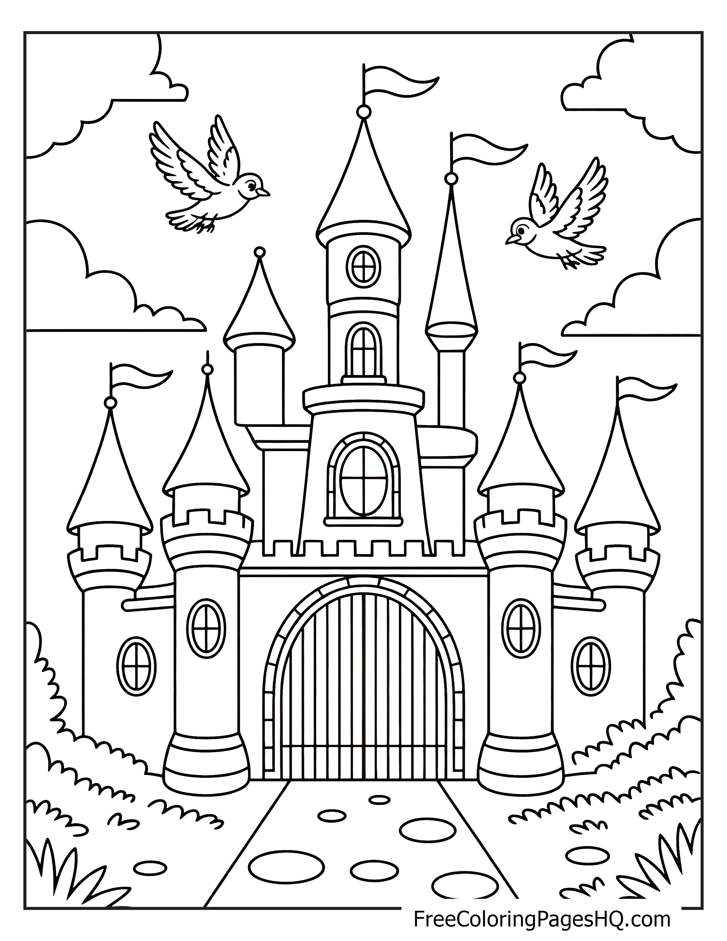 A grand castle with towers and birds flying above in a cloudy sky.