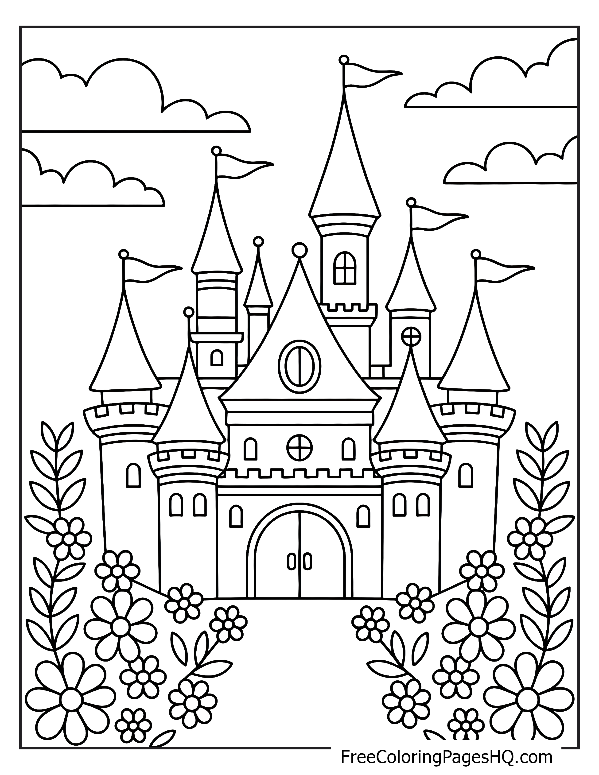 A grand castle with tall towers and flags, framed by flowers and clouds.