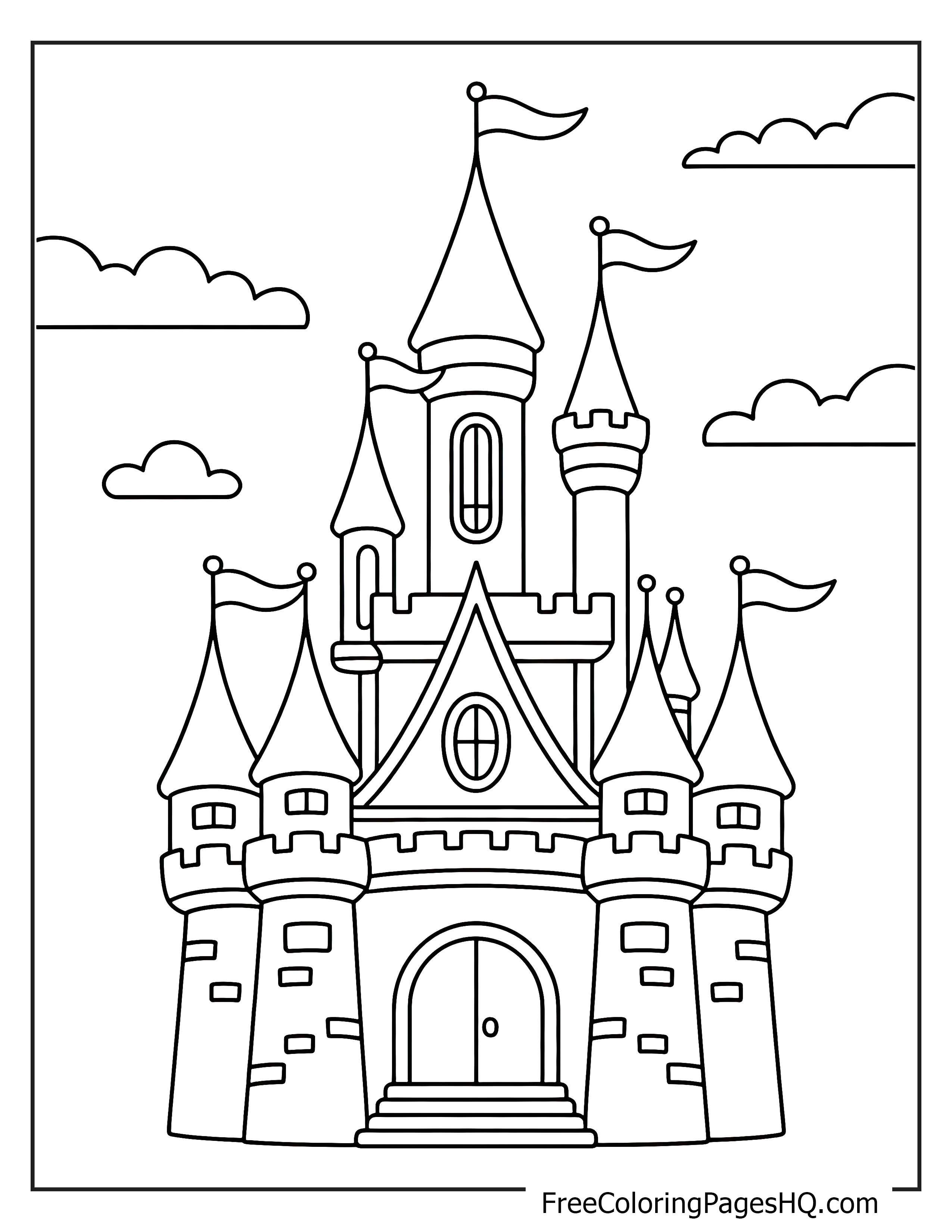 A detailed castle with tall spires and flags under a cloudy sky.