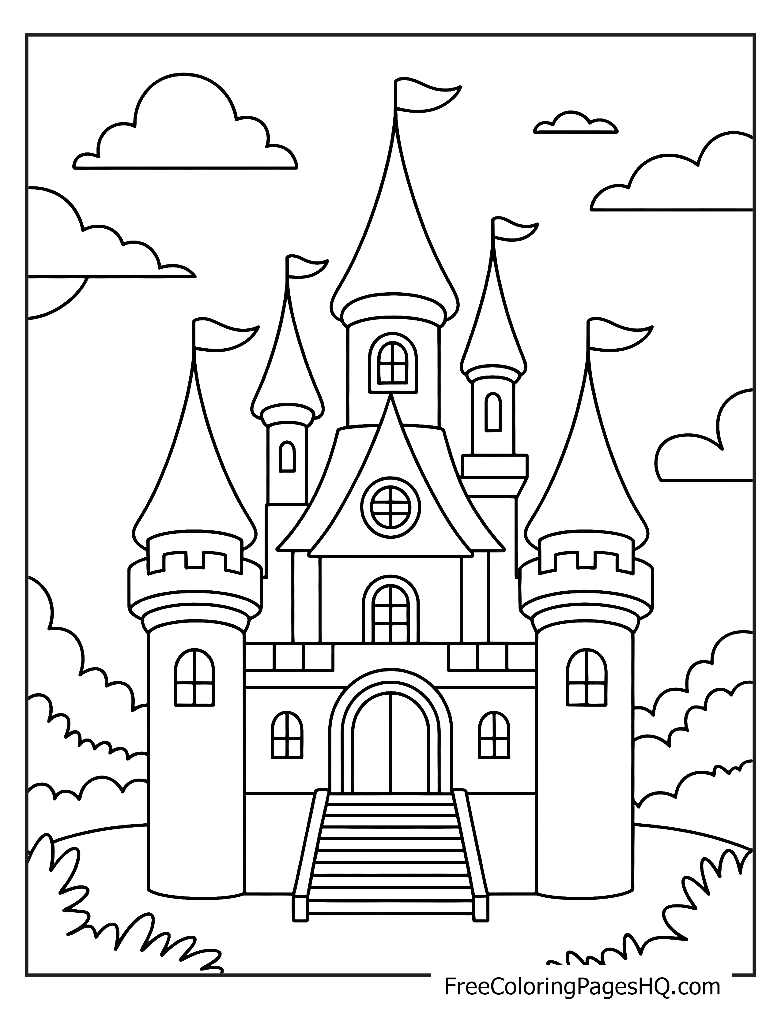 A large castle with multiple towers and flags, set against a cloudy sky.