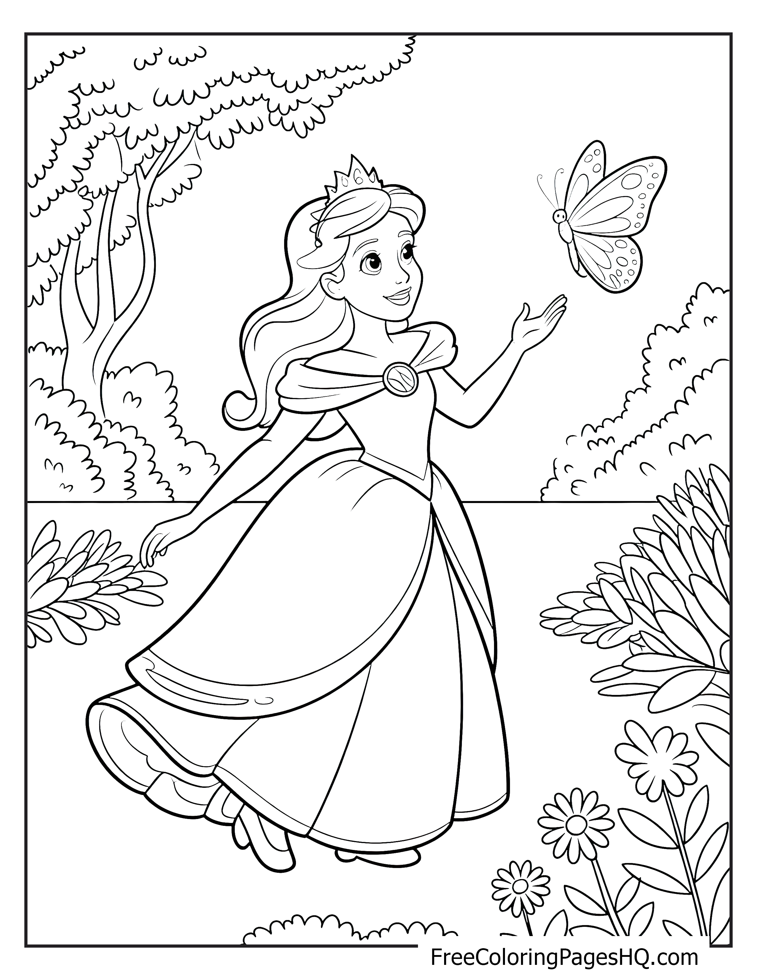 Princess reaching for a butterfly in a garden setting.