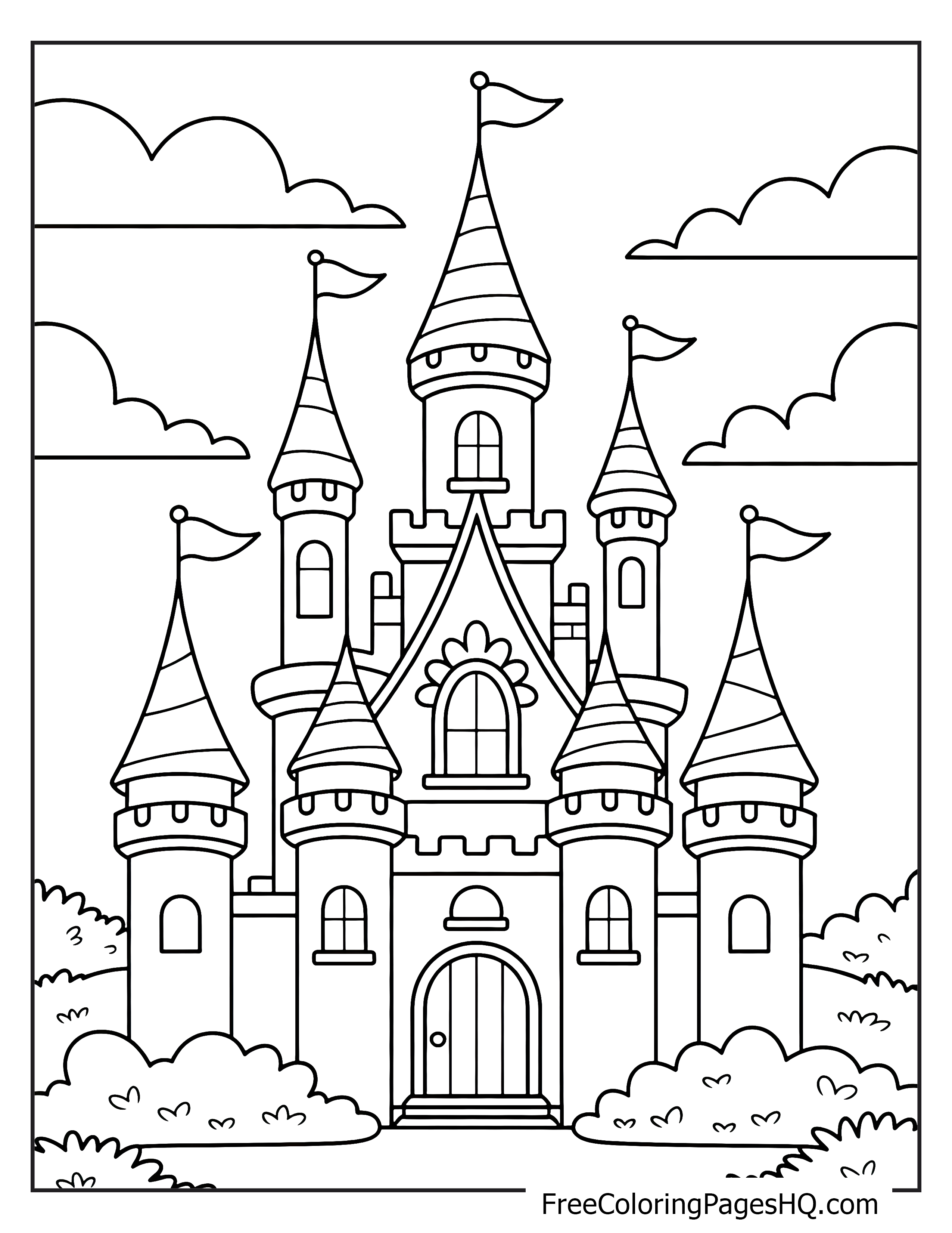 A castle with tall towers and flags, surrounded by clouds and bushes.