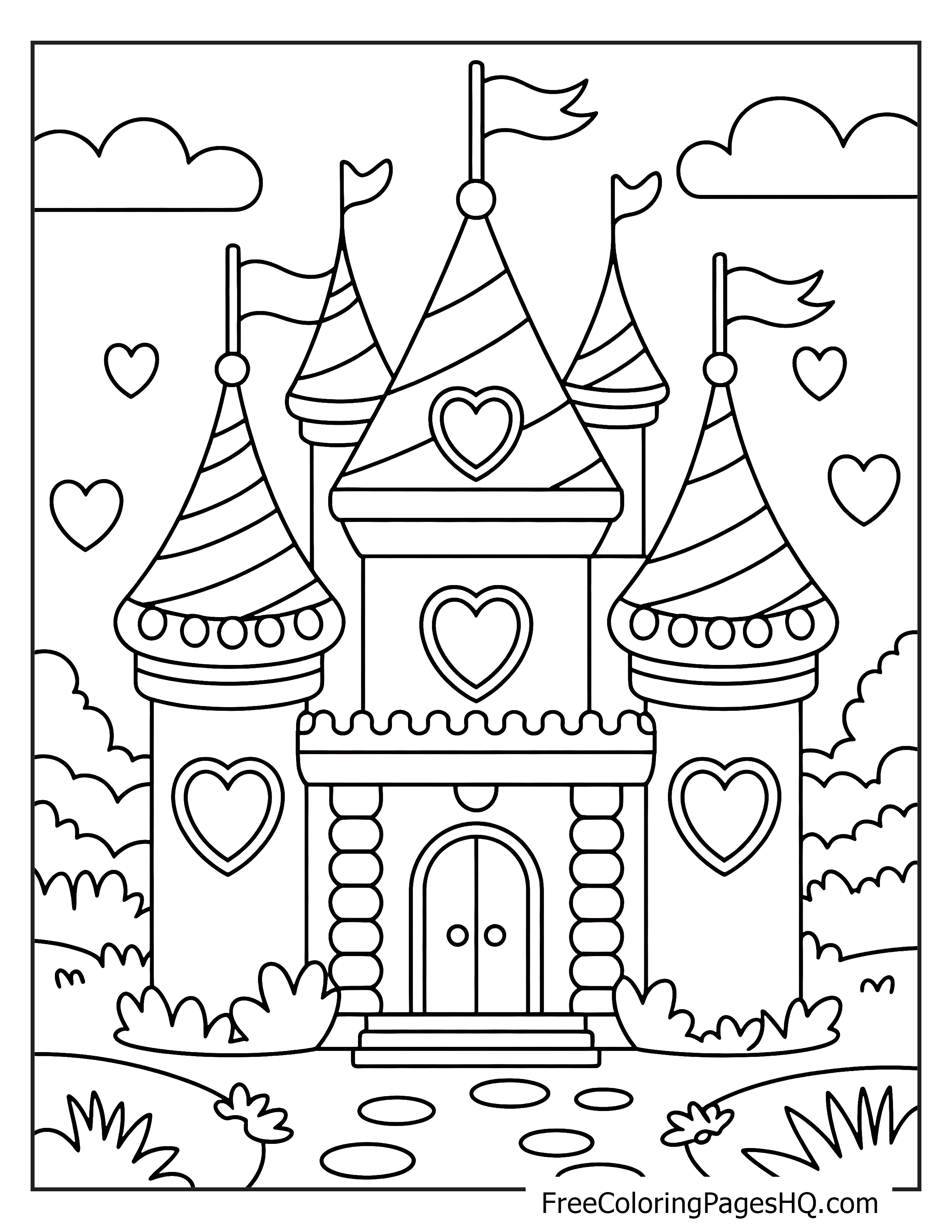 A castle with heart-shaped windows and flags, surrounded by clouds and bushes.