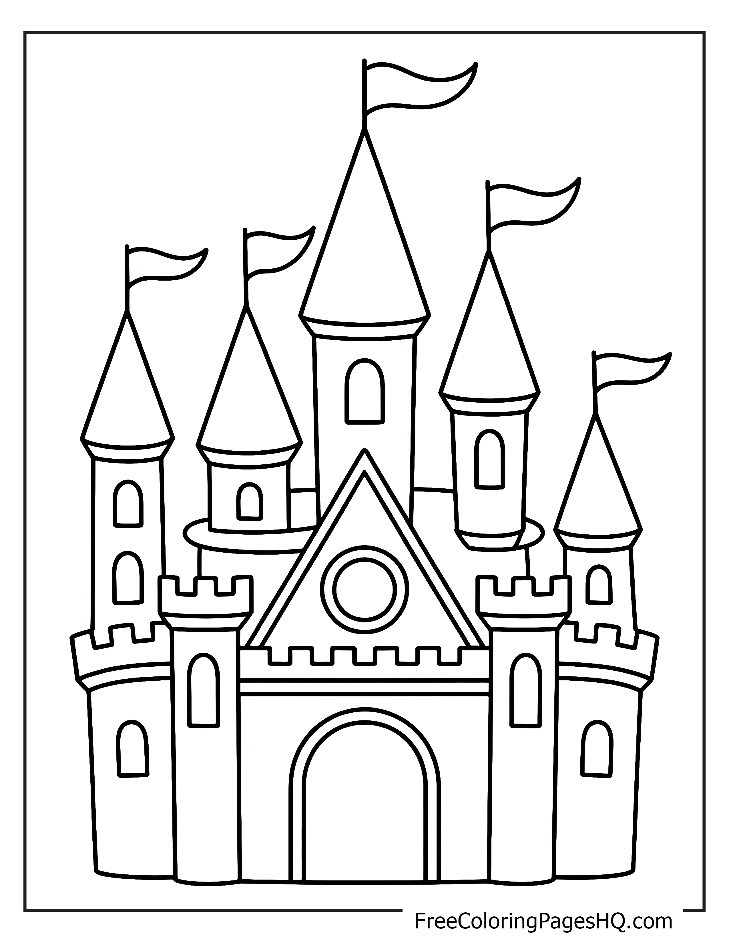 A detailed castle features multiple towers with flags, evoking a fairytale setting.