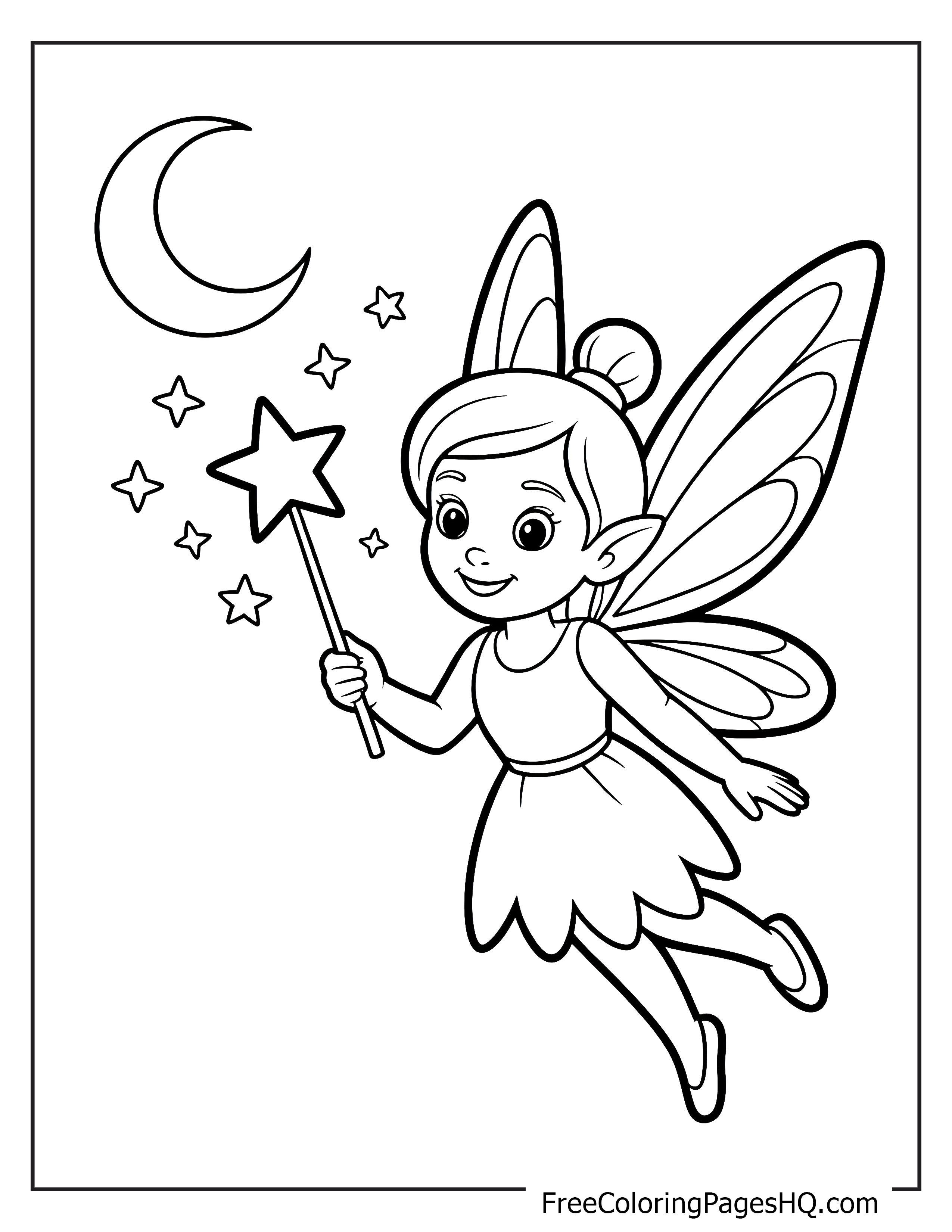 A smiling fairy with wings holds a magic wand, flying beneath a crescent moon and stars.