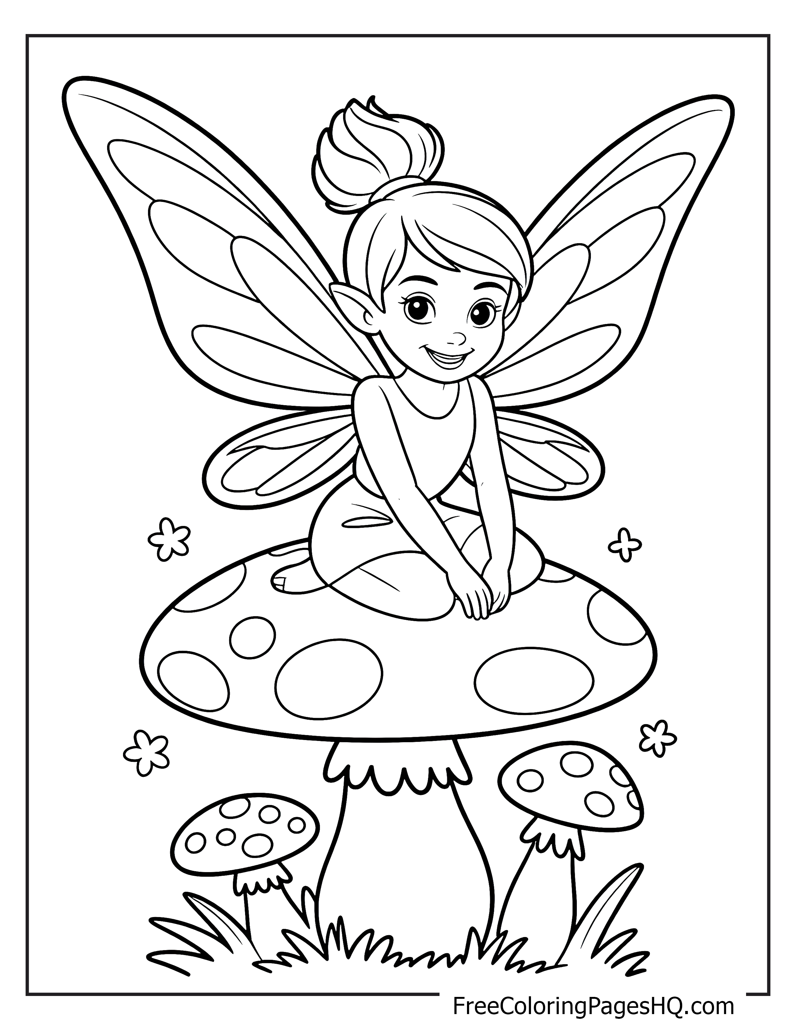 A cheerful fairy with wings sits on a large mushroom, smiling.