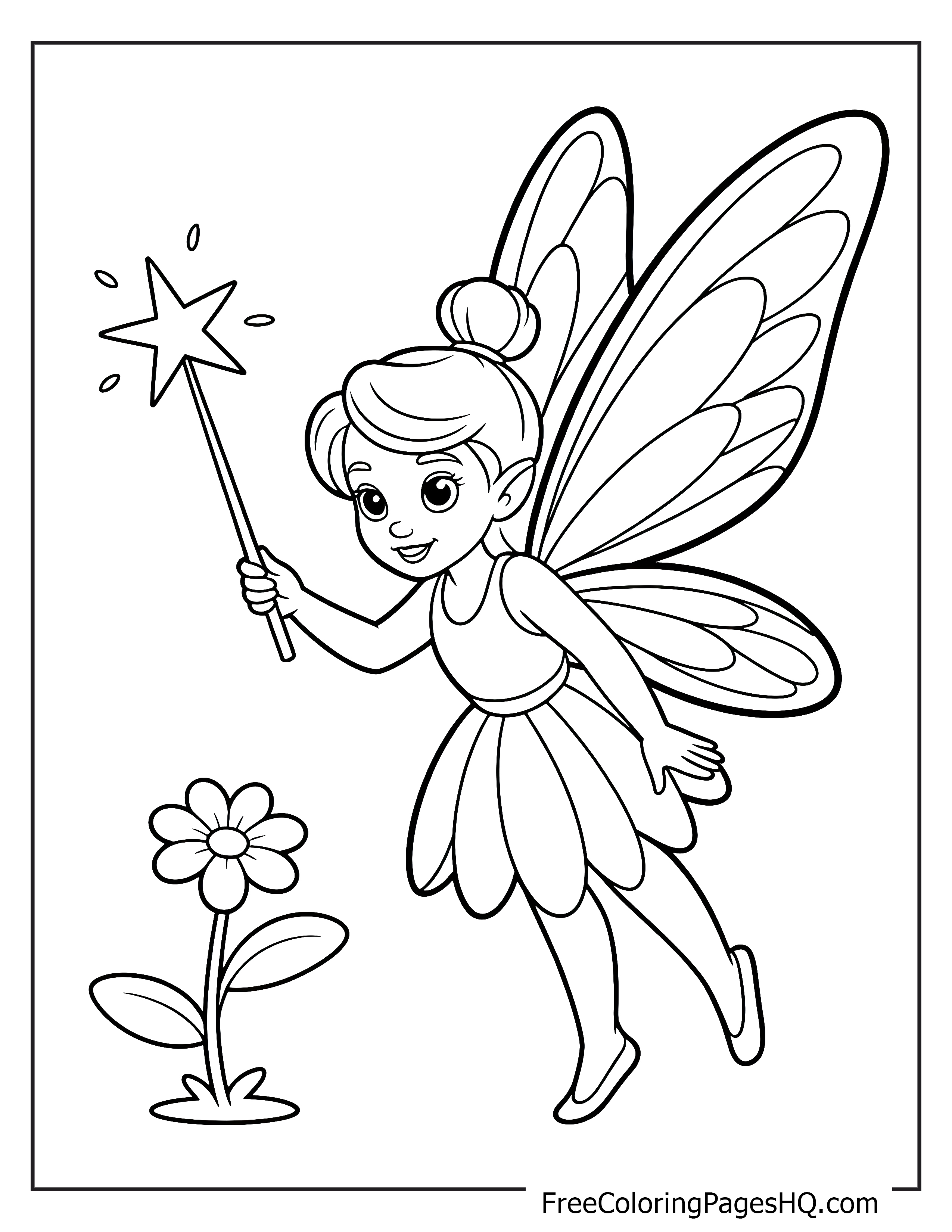 A fairy with large wings waves a wand near a flower.