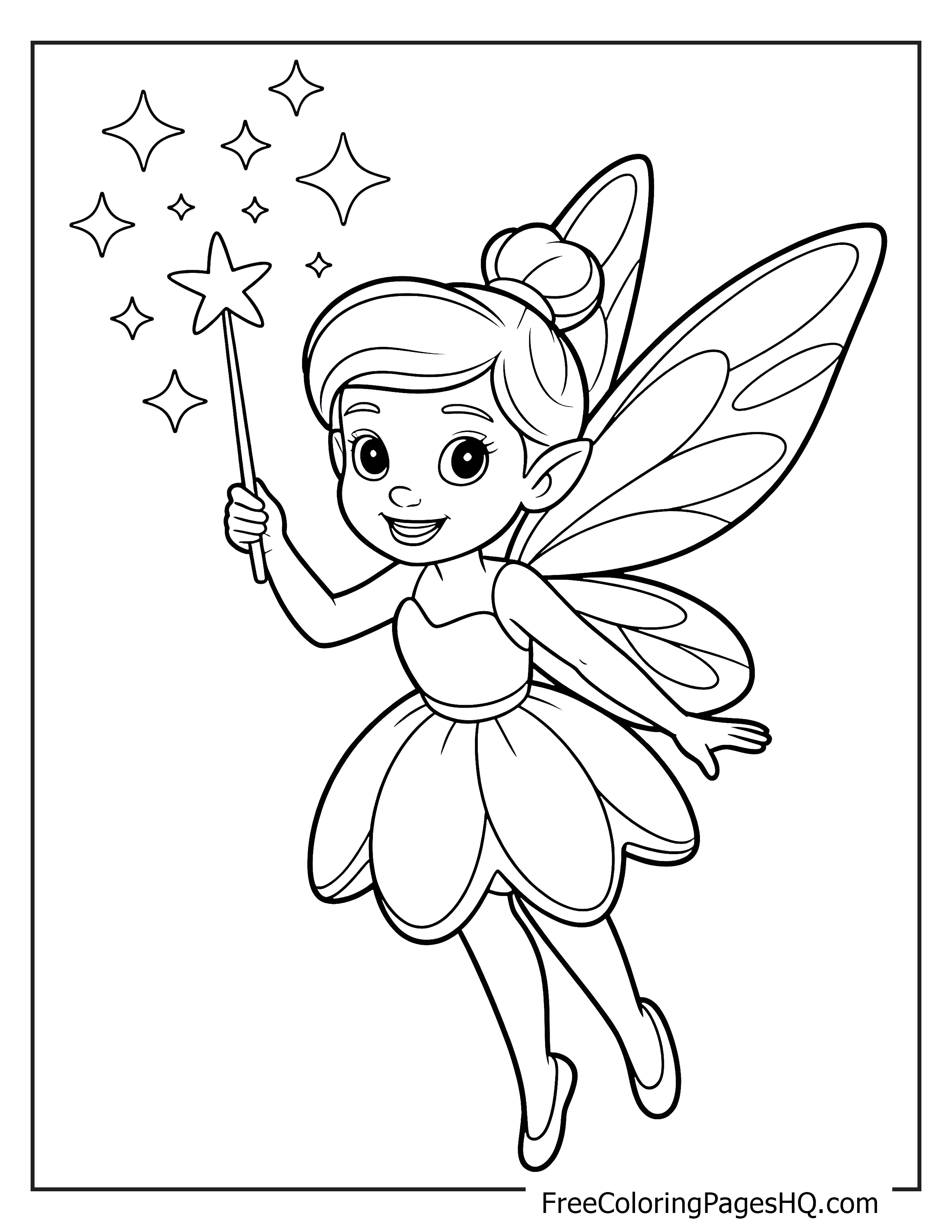 Cheerful fairy holding a magic wand with stars around her.