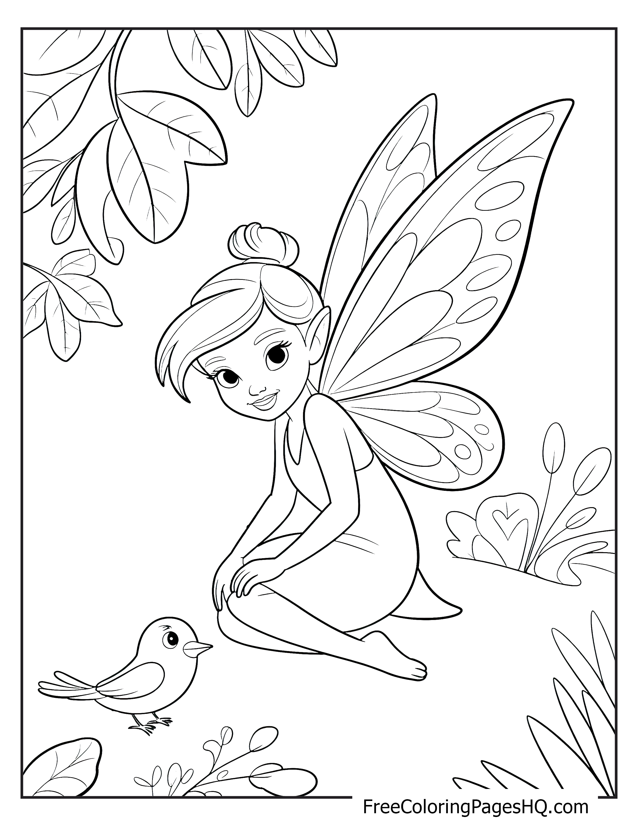 A fairy with butterfly wings kneels and smiles at a bird in a garden setting.