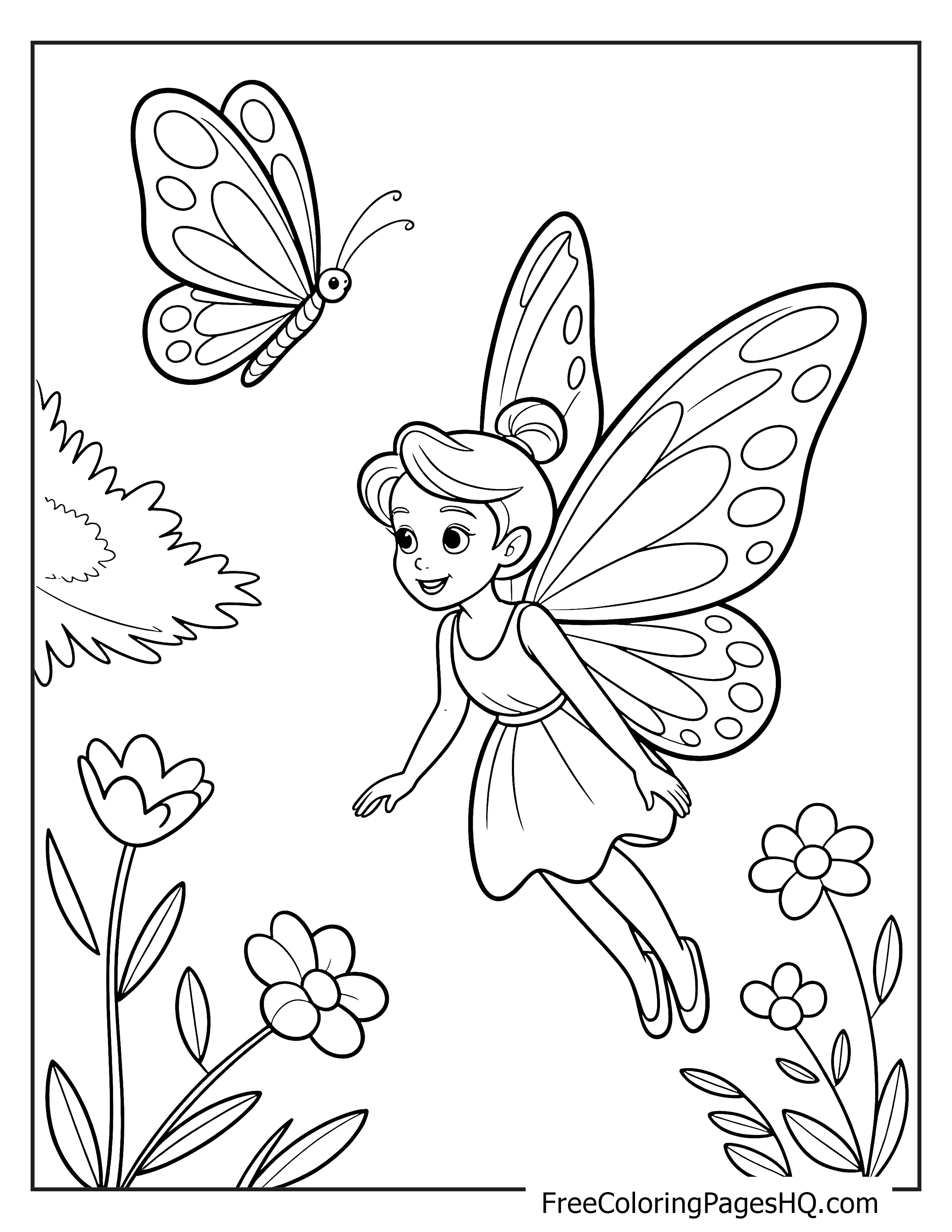 A happy fairy with wings flies near a butterfly in a flower-filled garden.